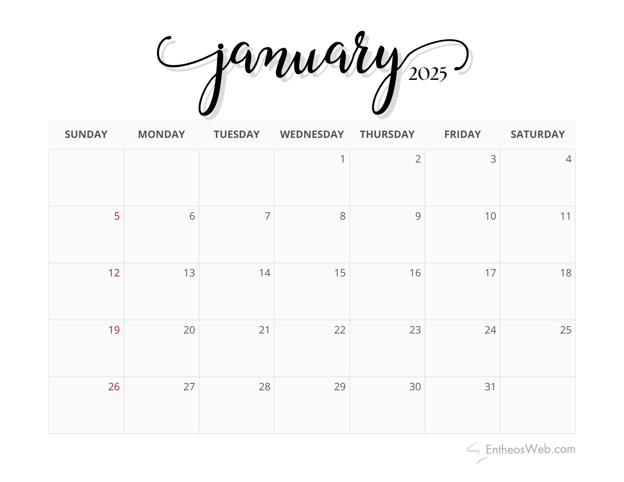 2025 Monthly Calendar – Black And White | Entheosweb - Printable Calendar 2025 Black And White