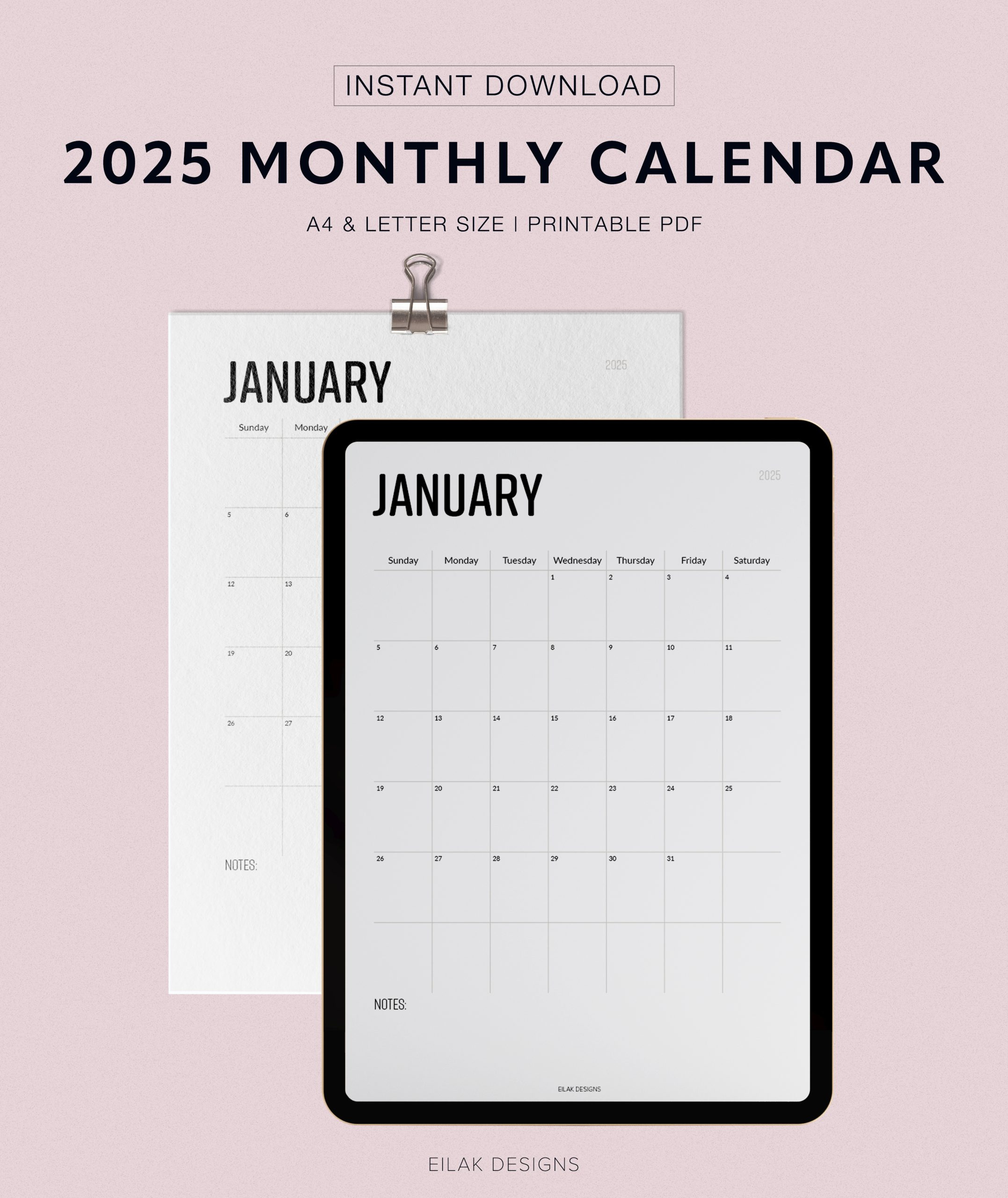2025 Monthly Calendar Minimalistic | Digital Download - Printable Calendar 2025 Waterproof