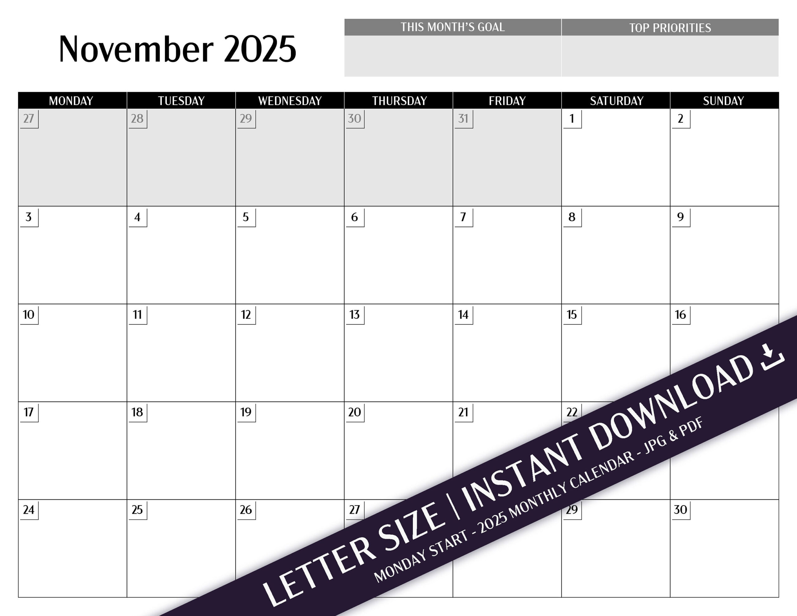 2025 Monthly Calendar - Printable Digital Download - Etsy - Printable Calendar 2025 Waterproof