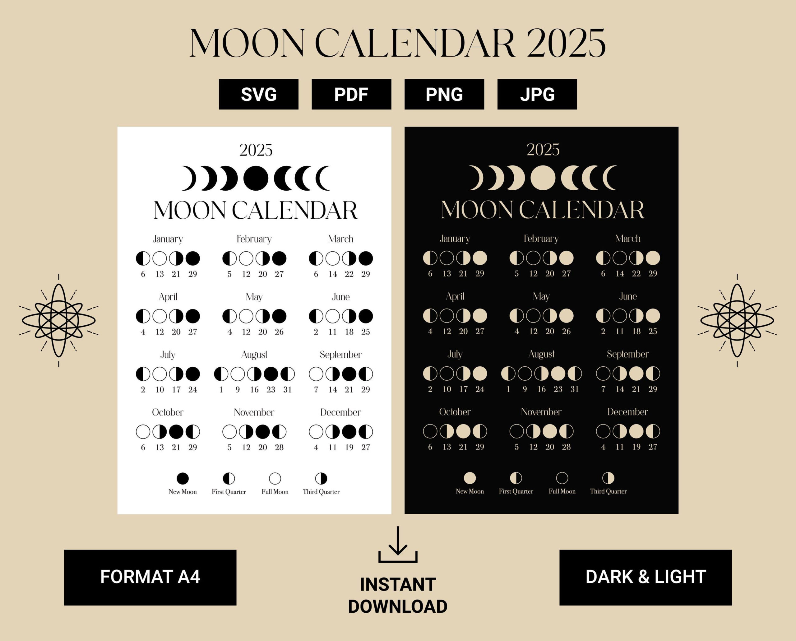2025 Moon Calendar Est, Moon Phase Calendar, Lunar Calendar, 2025 - 2025 Calendar with Moon Phases Printable
