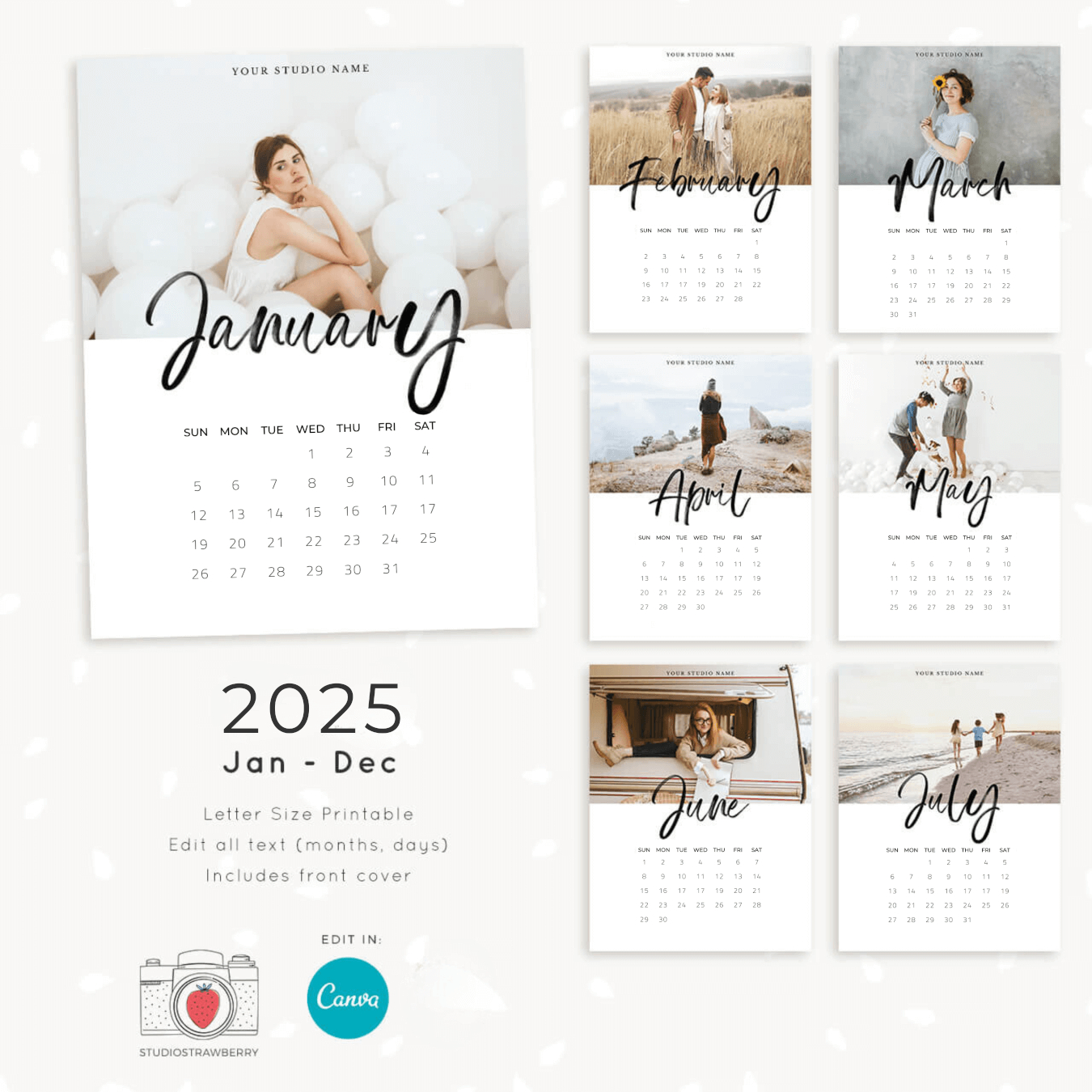 2025 Photo Calendar Template For Canva – Strawberry Kit - Printable Calendar 2025 Canva