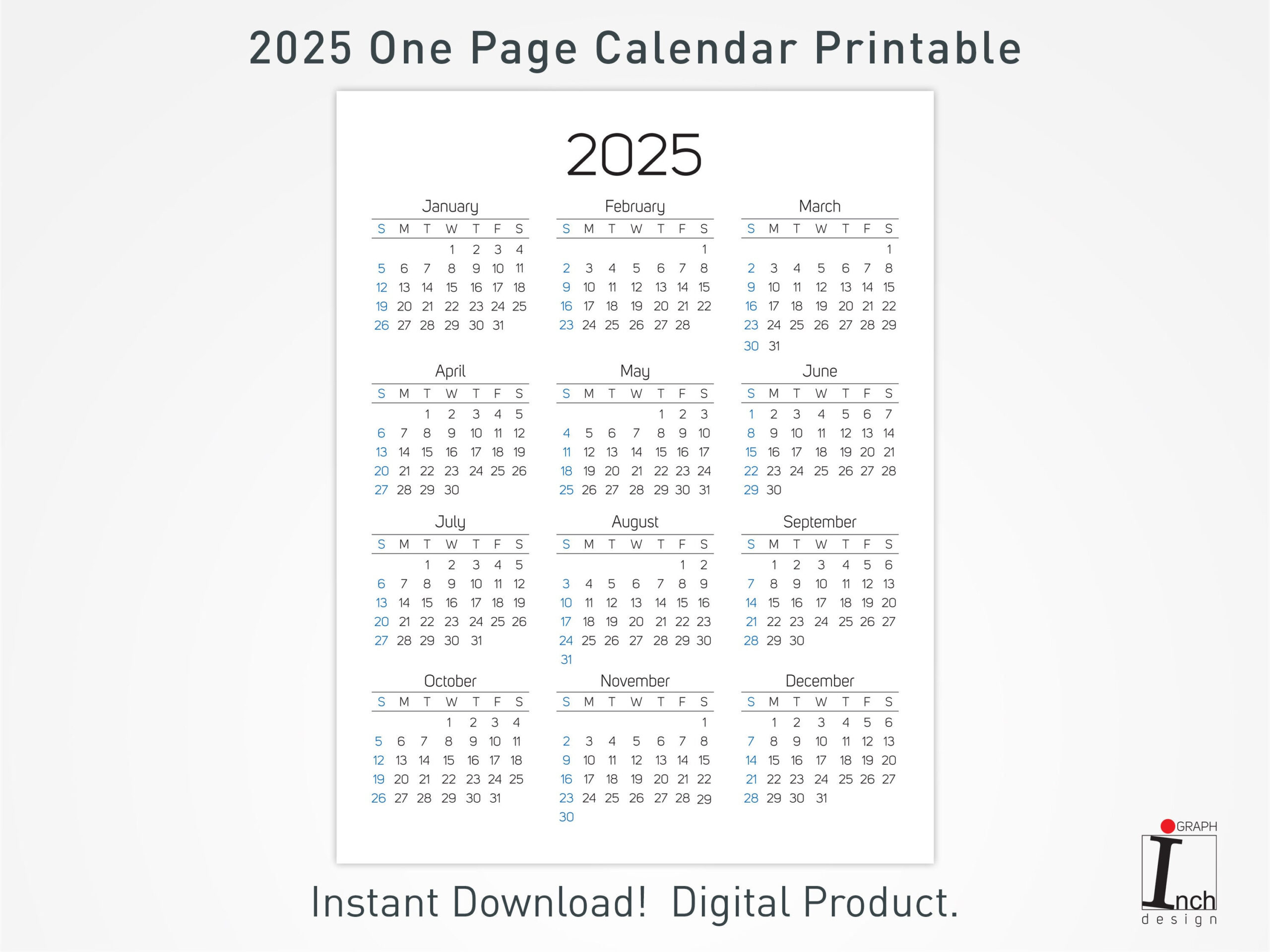 2025 Printable Calendar, 12 Months One Page Calendar, Wall - 2025 12 Month Calendar On One Page Printable