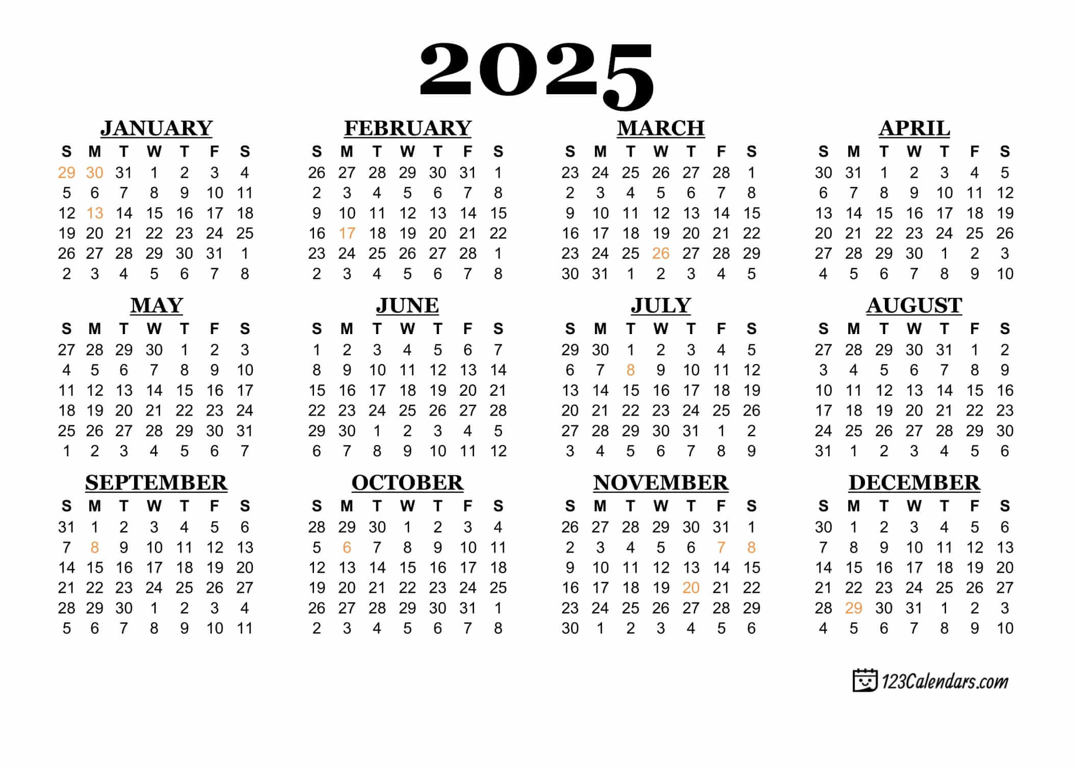 2025 Printable Calendar | 123Calendars - Calendar Labs 2025 Printable Calendar
