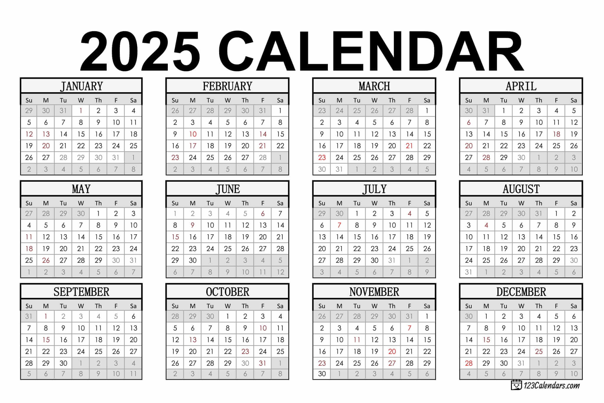 2025 Printable Calendar | 123Calendars - Free Printable Calendar 2025 No Download