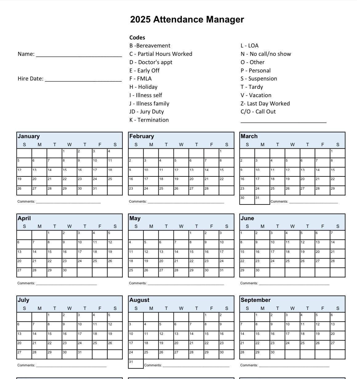 2025 Printable Calendar For Employee Attendance, School Pto - Attendance Calendar 2025 Printable