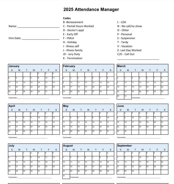 Printable 2025 Attendance Calendar