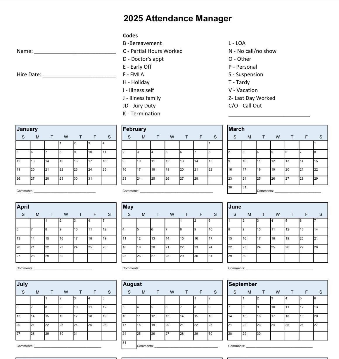 2025 Printable Calendar For Employee Attendance, School Pto - Printable Attendance Calendar 2025