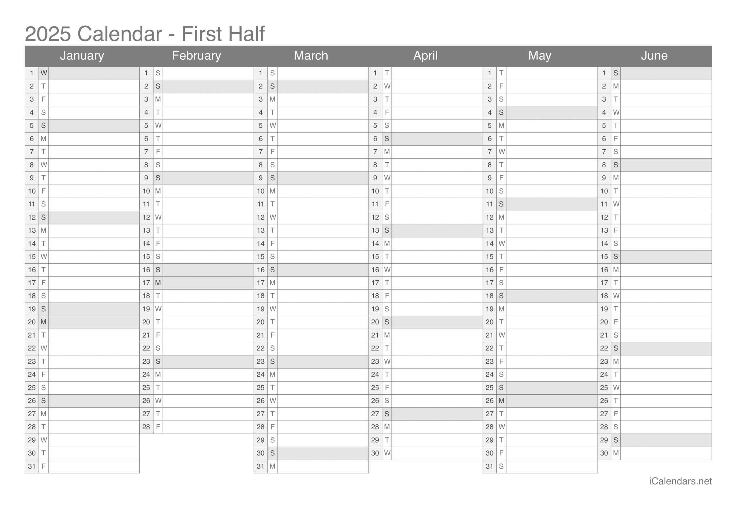 2025 Printable Calendar - Pdf Or Excel - Printable Calendar 2025 Half Year