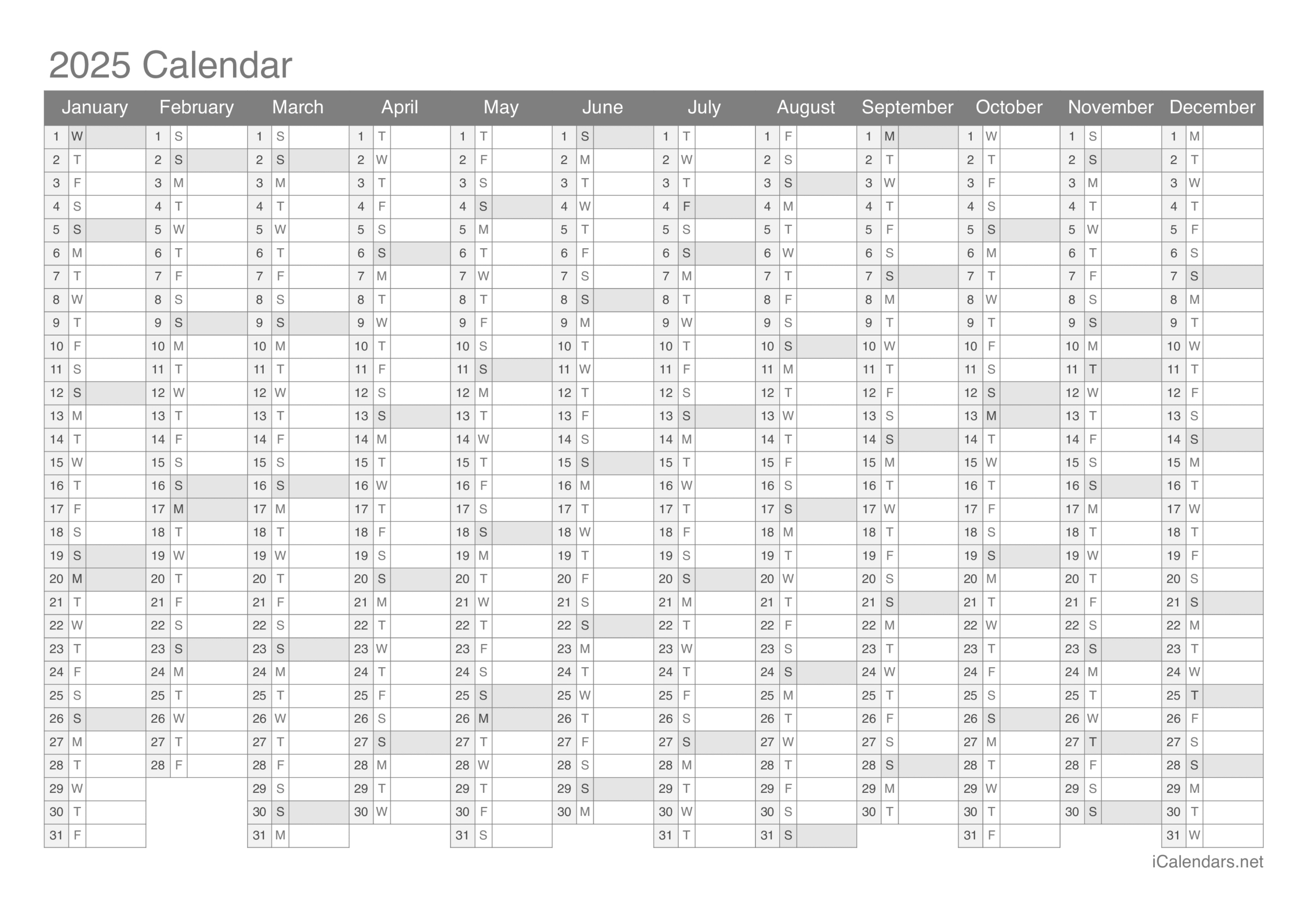 2025 Printable Calendar - Pdf Or Excel - Year Calendar 2025 Printable Free