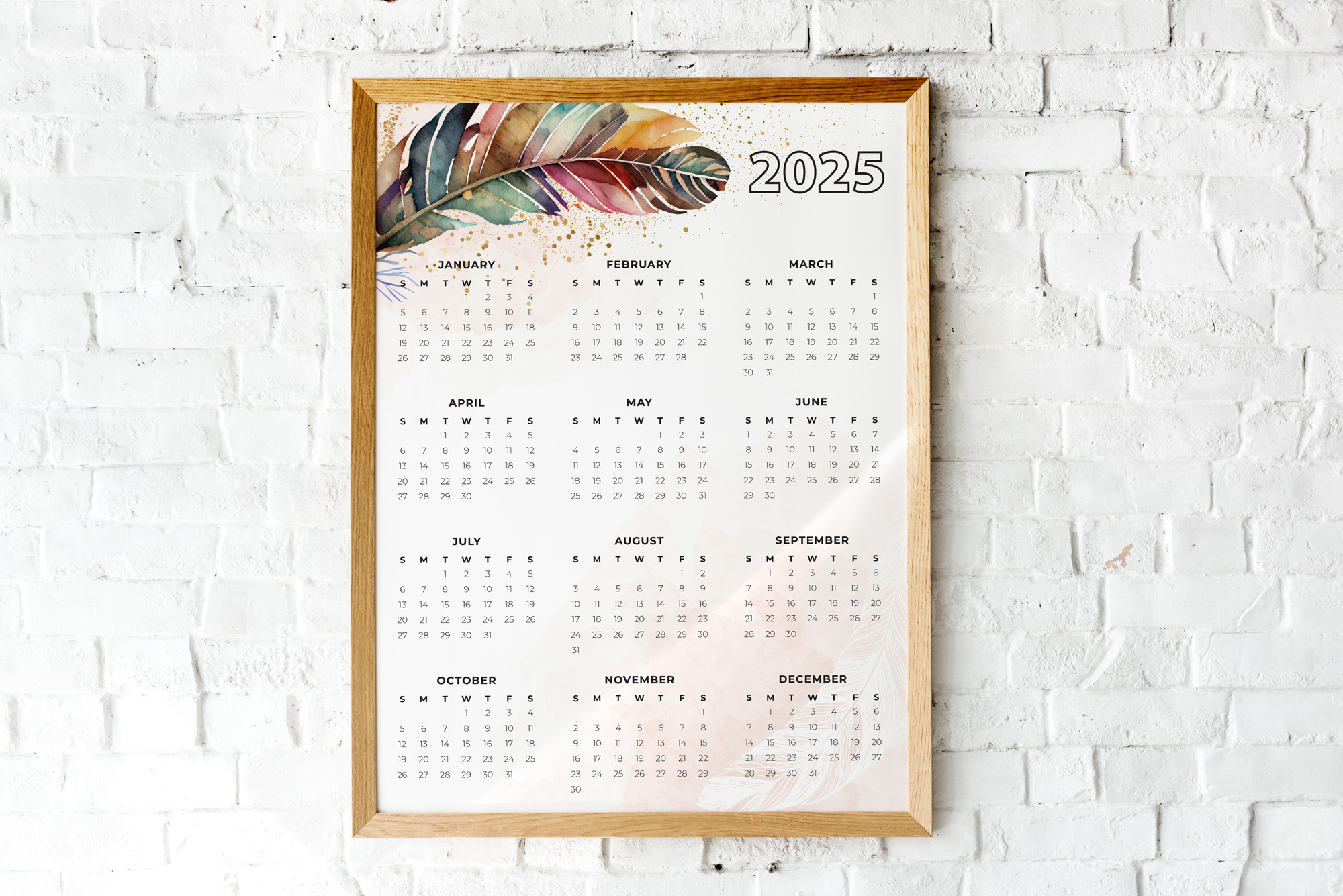 2025 Printable Calendar Year At A Glance | Boho Feather Watercolor | 16 X 20 | 8 X 10 | Instant Download | Portrait | Planner - Portrait 2025 Calendar Printable
