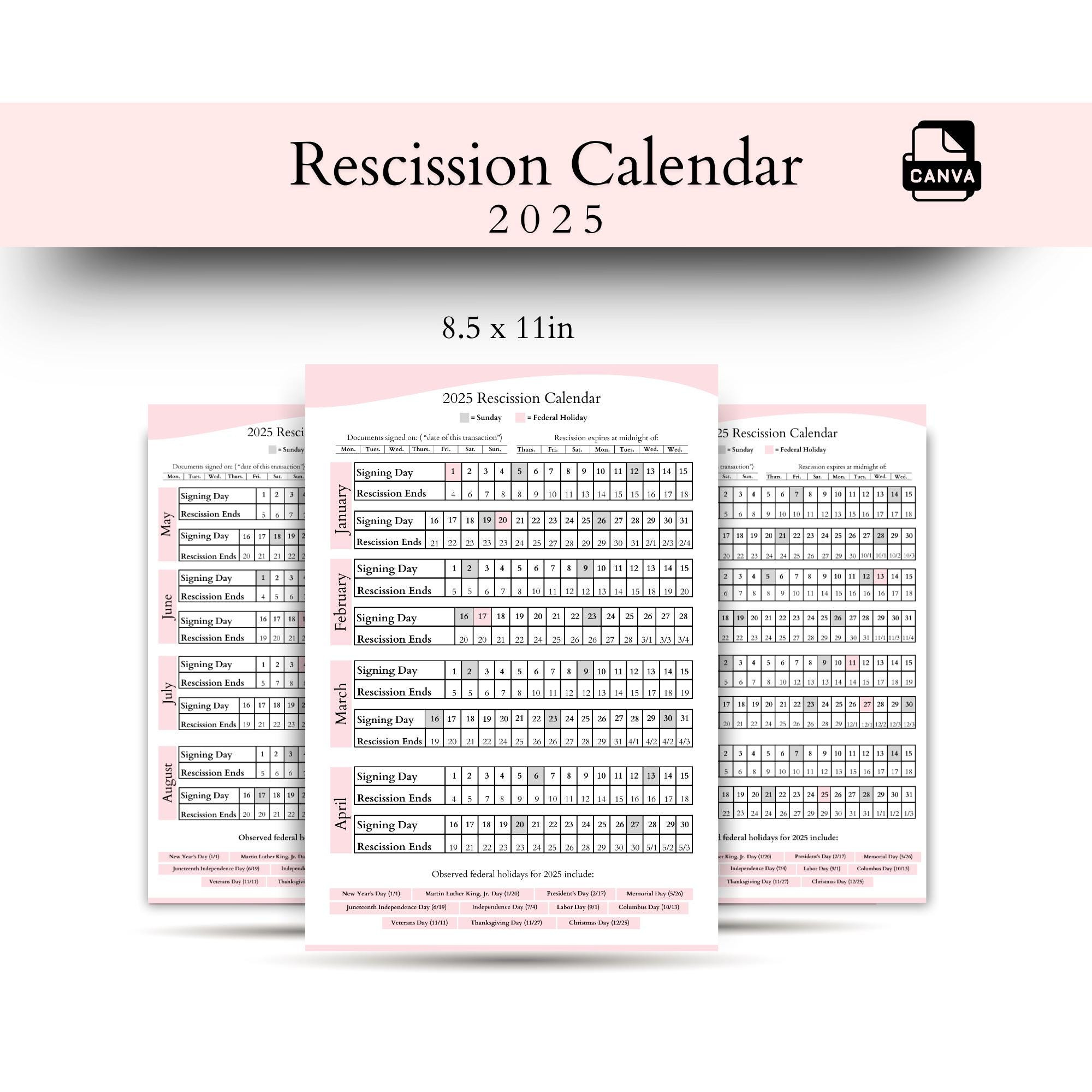 2025 Rescission Calendar | Notary Loan Signing Agent Business Tool - 2025 Rescission Calendar Printable
