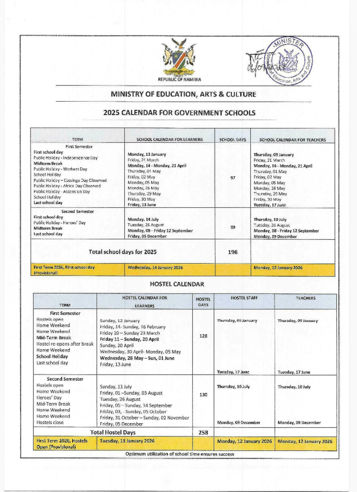 2025 School Calendar For Government Schools And Hostels 0001 - Printable Calendar 2025 Namibia
