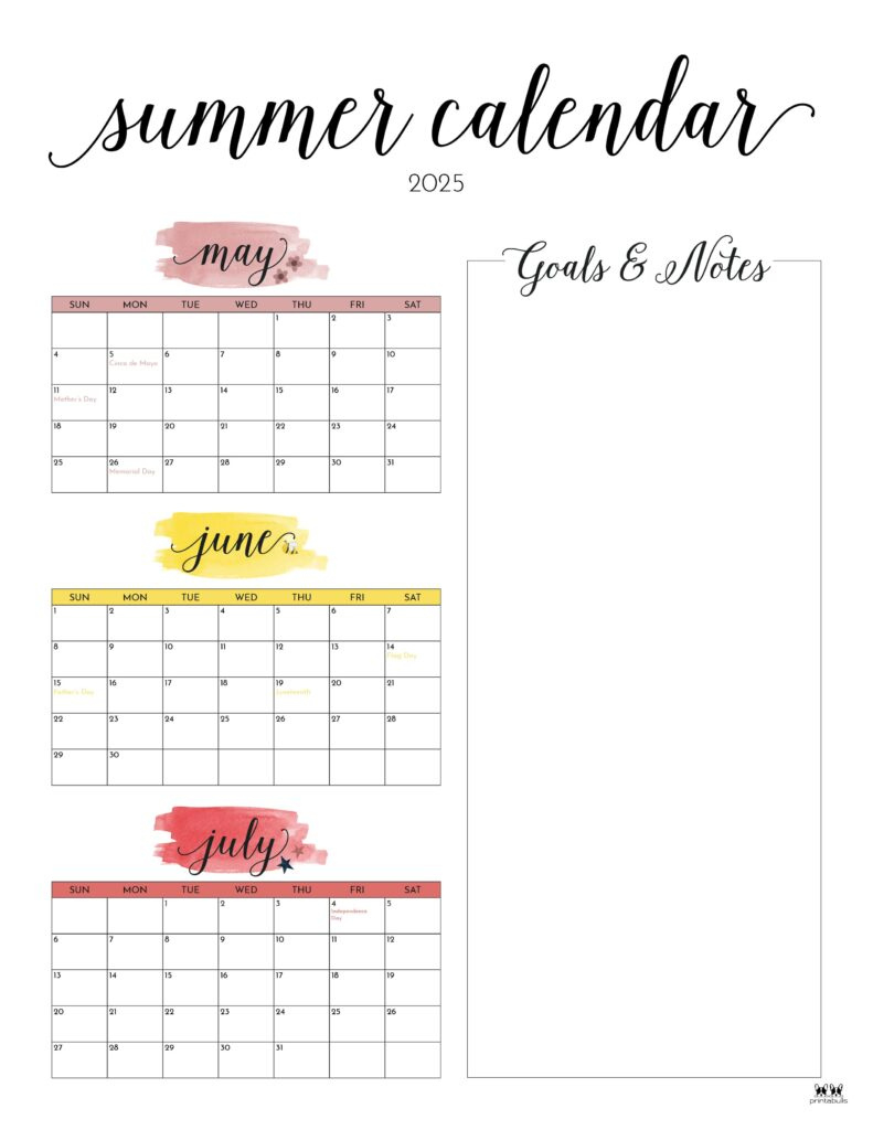 2025 Summer Calendars - 27 Free Printables | Printabulls - 2025 Summer Calendar Printable