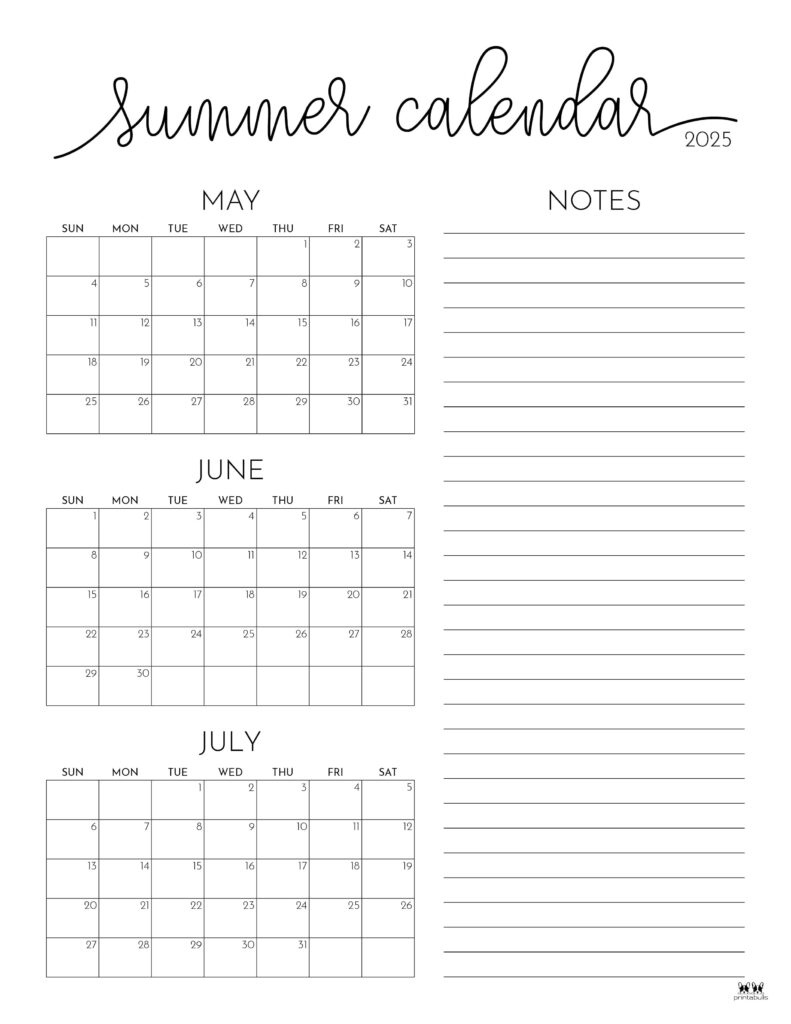 2025 Summer Calendars - 27 Free Printables | Printabulls - 2025 Summer Calendar Printable