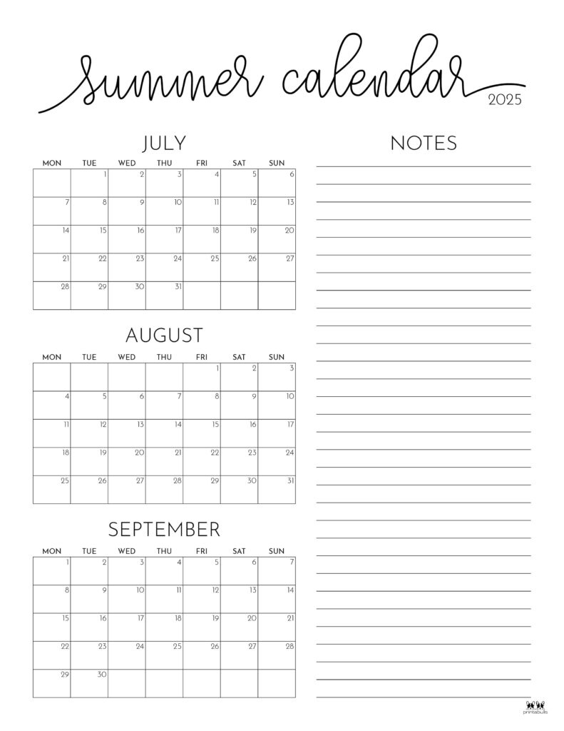 2025 Summer Calendars - 27 Free Printables | Printabulls - Free Printable July and August Calendar 2025