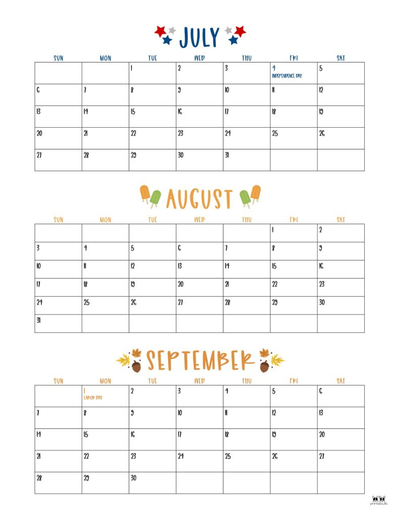 2025 Summer Calendars - 27 Free Printables | Printabulls - July Aug Sept 2025 Calendar Printable