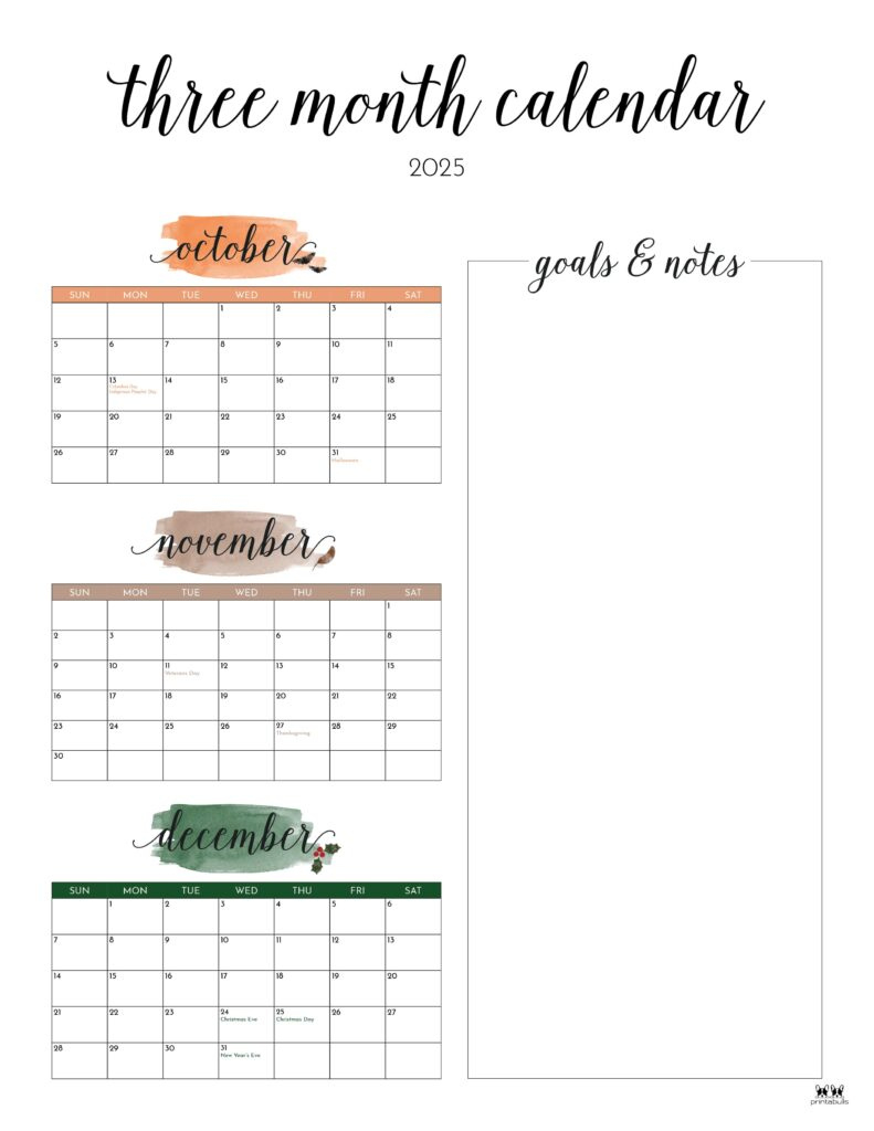 2025 Three Month/Quarterly Calendars - 36 Free Cals | Printabulls - 2025 Quarterly Calendar Printable Free