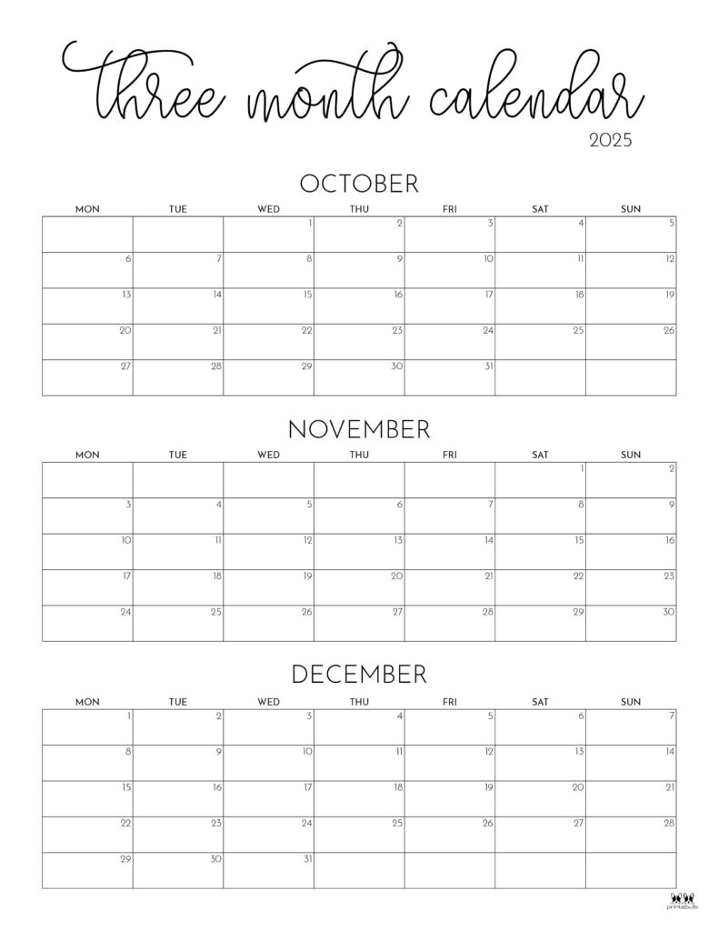 2025 Three Month/Quarterly Calendars - 36 Free Cals | Printabulls - Printable Calendar 2025 3 Months Per Page