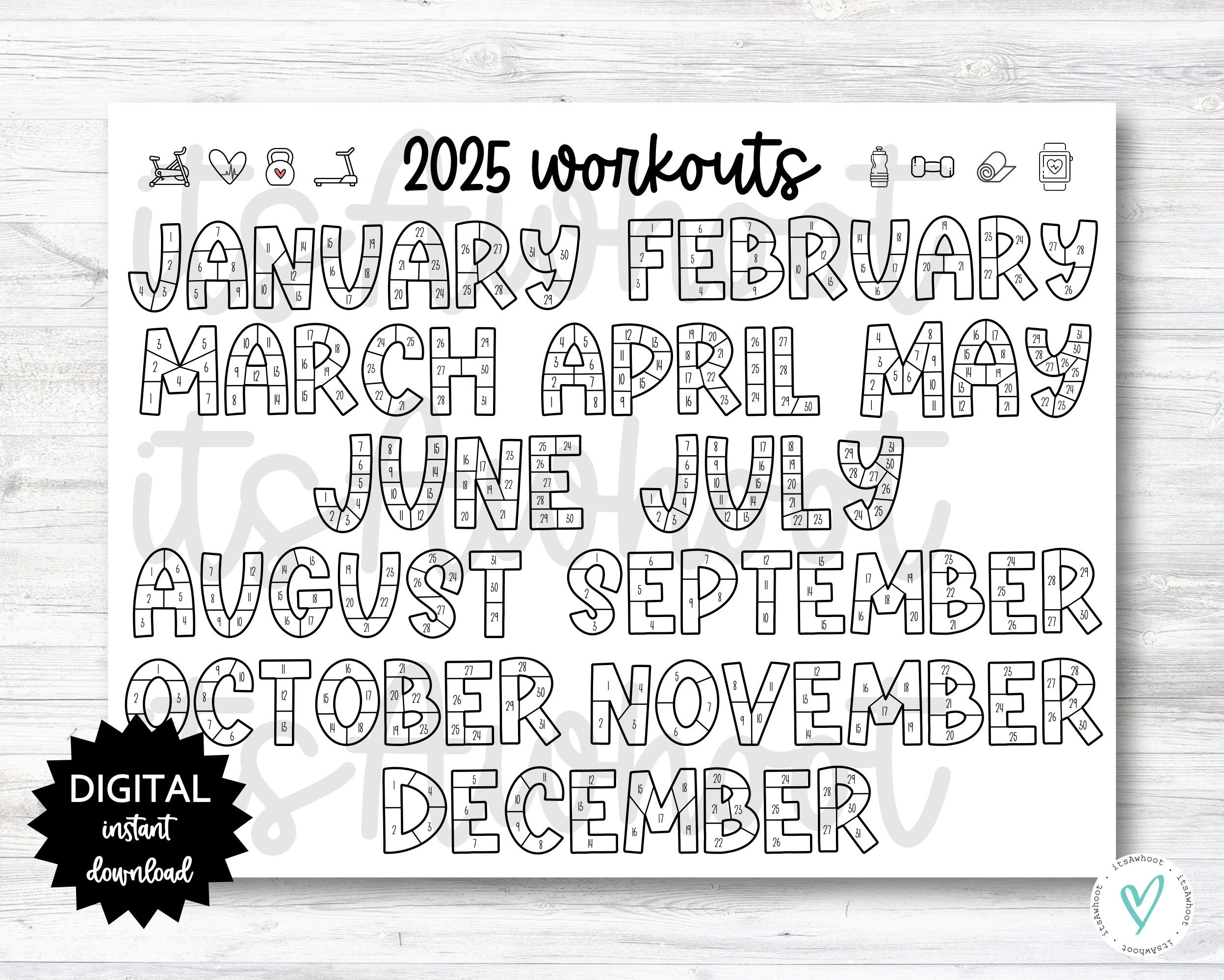 2025 Workouts Tracker Coloring Page Printable, Coloring Workout - 2025 Workout Calendar Printable