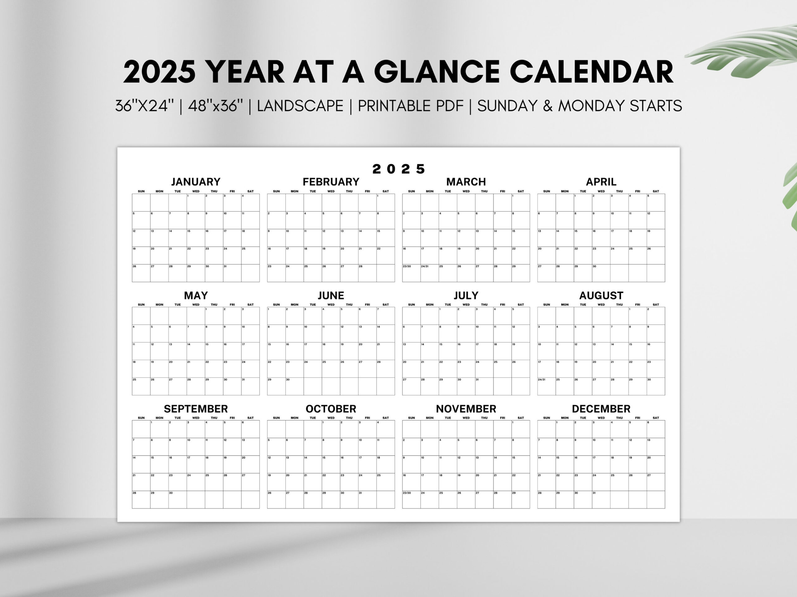 2025 Year At A Glance Calendar, Large Horizontal 2025 Calendar - Printable 2025 Calendar With Boxes