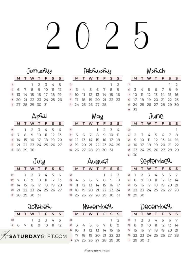 2025 Year At A Glance Calendars - 37 Cute And Free Pdfs - Free Printable 2025 Calendar Monday Start