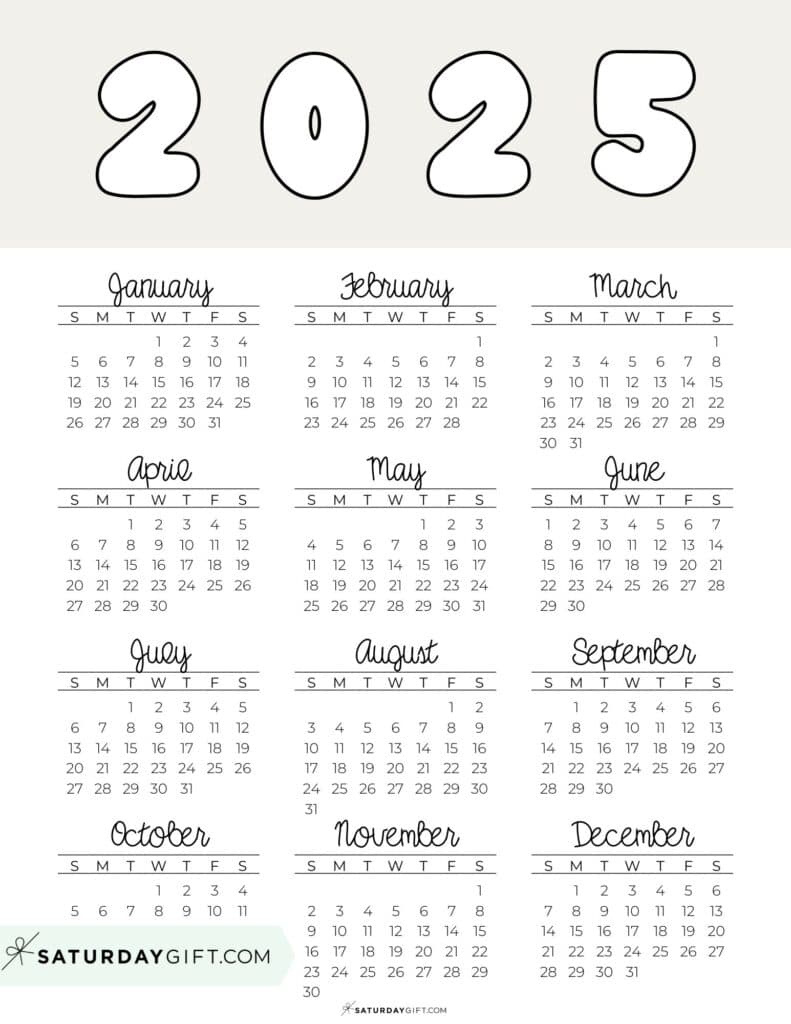 2025 Year At A Glance Calendars - 37 Cute And Free Pdfs - Free Printable Calendar 2025 Saturday Gift
