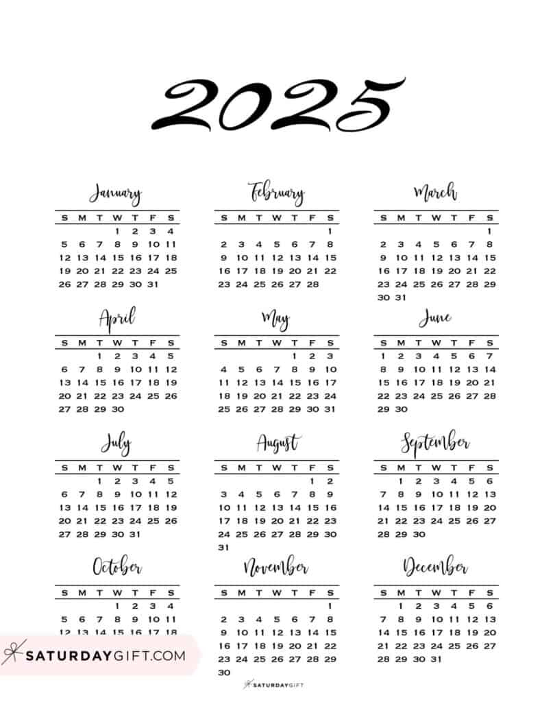 2025 Year At A Glance Calendars - 37 Cute And Free Pdfs - Printable Calendar 2025 All On One Page