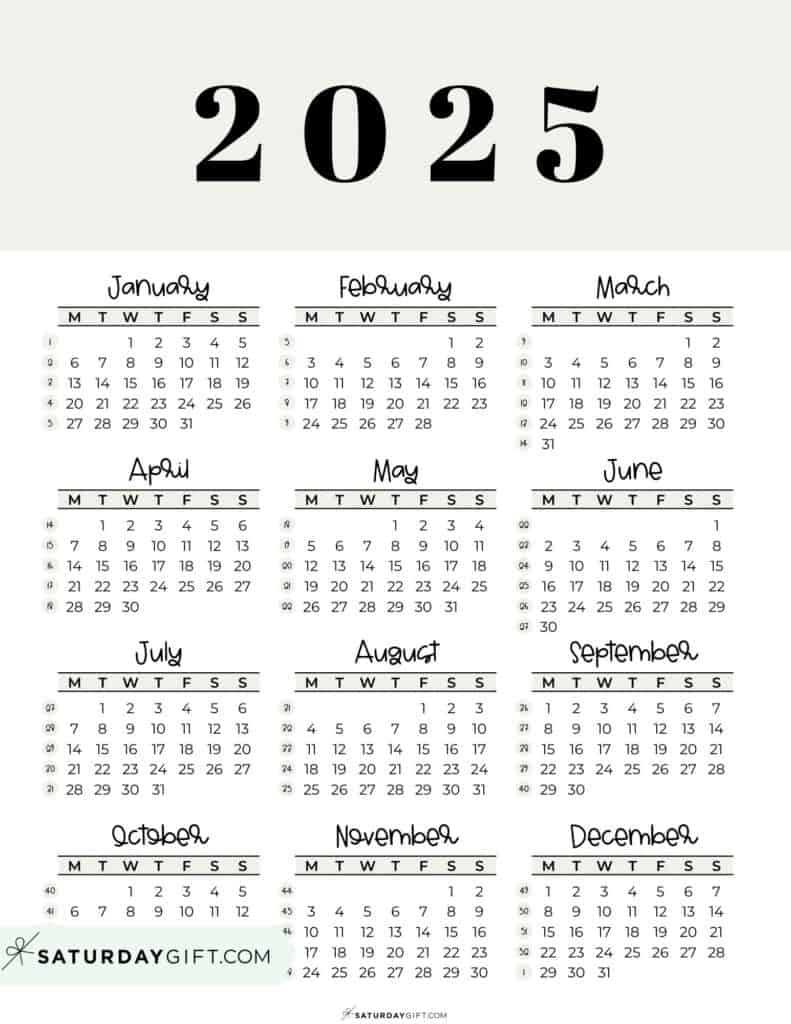 2025 Year At A Glance Calendars - 37 Cute And Free Pdfs - Printable Calendar 2025 Starting Monday