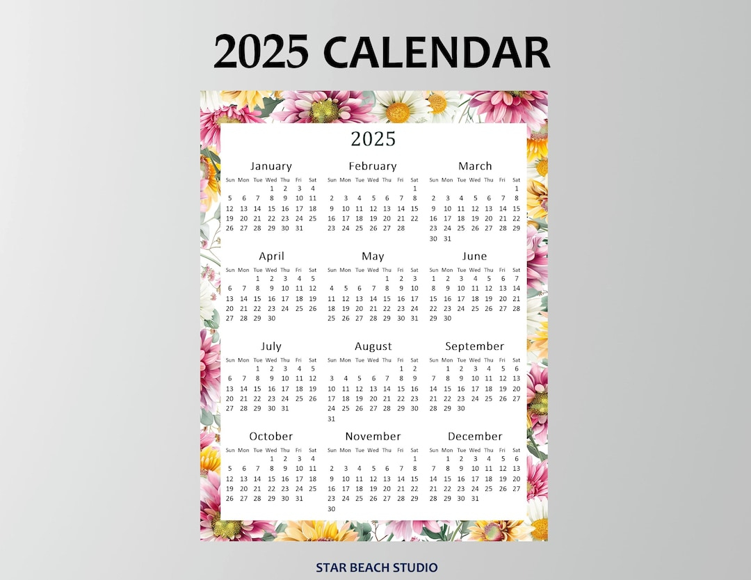 2025 Year Calendar Printable, Year At A Glance, 2025 Floral Wall - 4x6 Printable Calendar 2025
