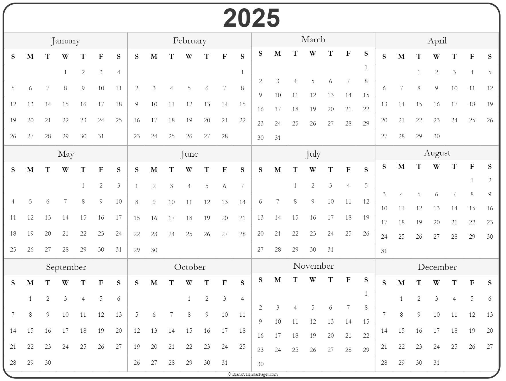 2025 Year Calendar | Yearly Printable - Free Printable Calendar 2025 Canada Download