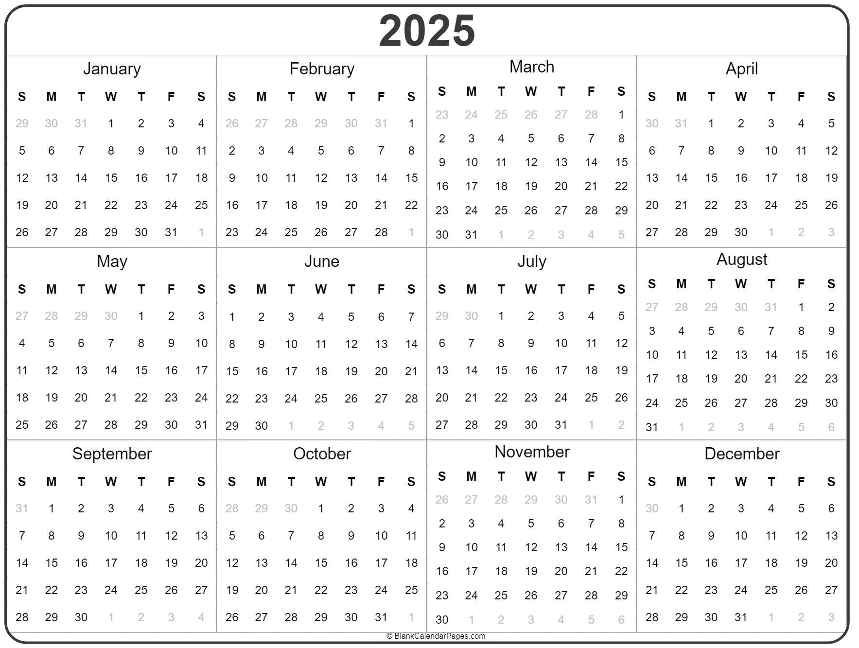 2025 Year Calendar | Yearly Printable - Year Calendar 2025 Printable Free