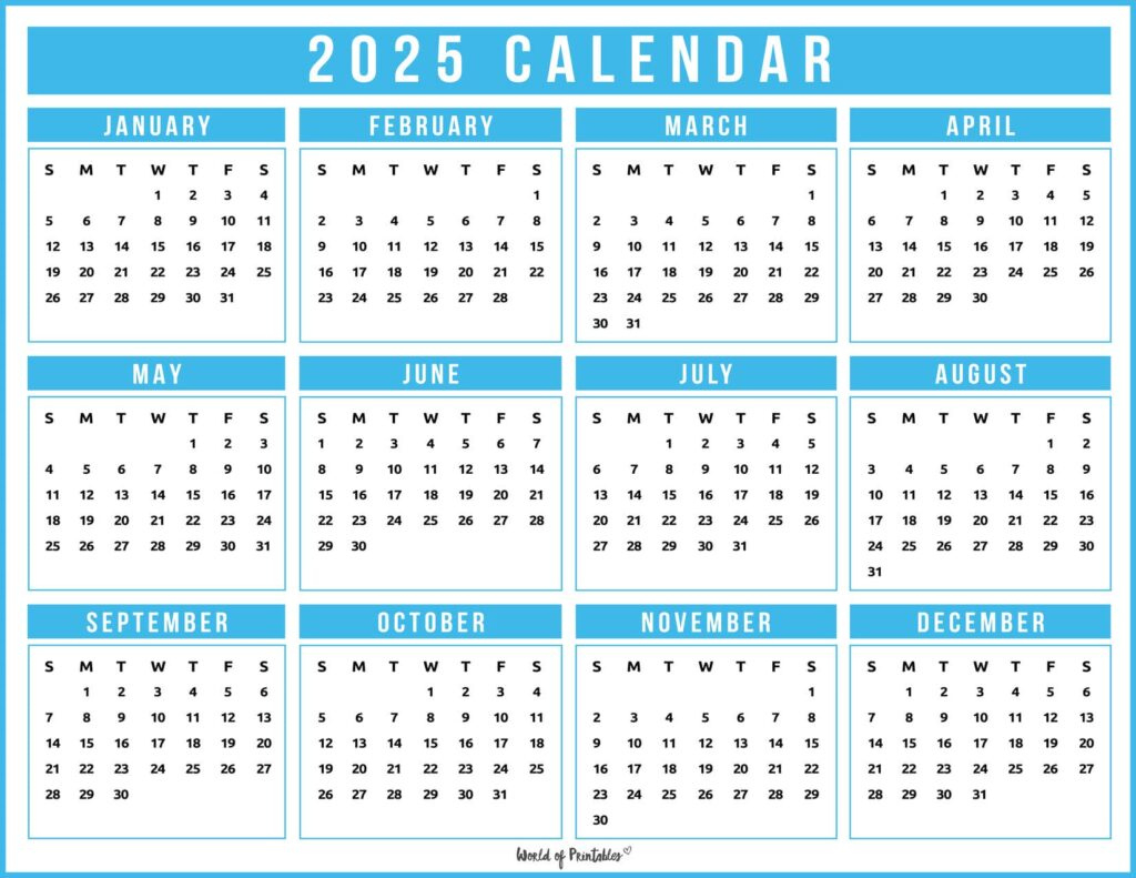 2025 Year Calendars - 70 Best Printables - World Of Printables - Printable Calendar 2025 Blue