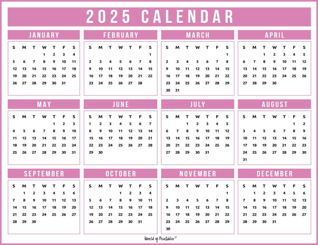 2025 Year Calendars - 70 Best Printables - World Of Printables - Printable Calendar 2025 Pink