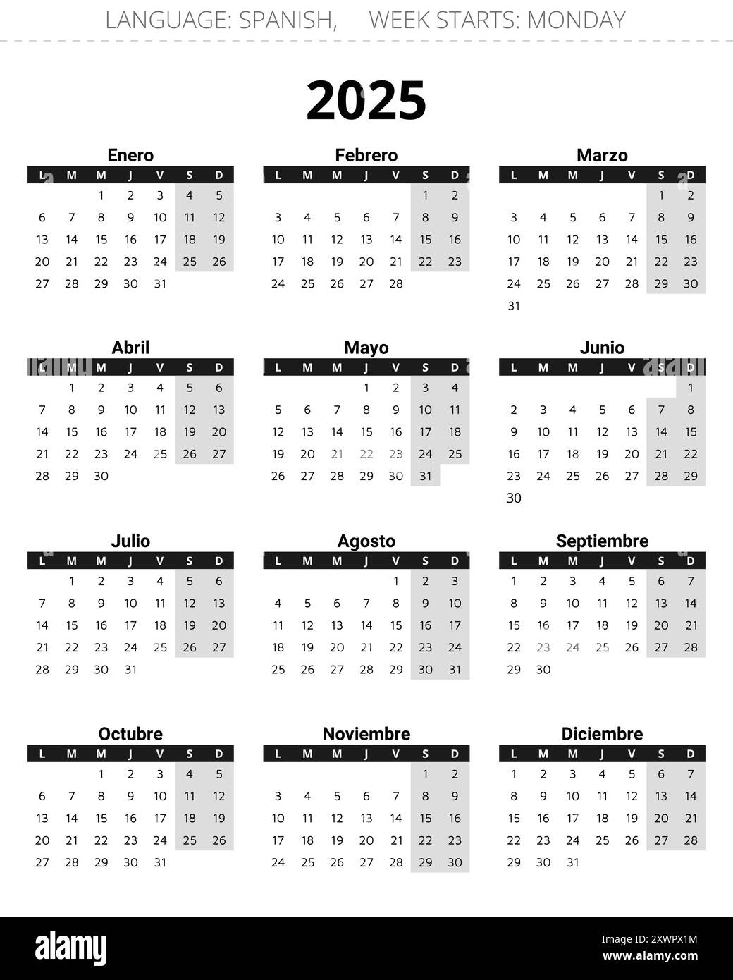 2025 Year Vertical Spanish Calendar. Printable Vector Grey And - Printable Calendar 2025 Spanish