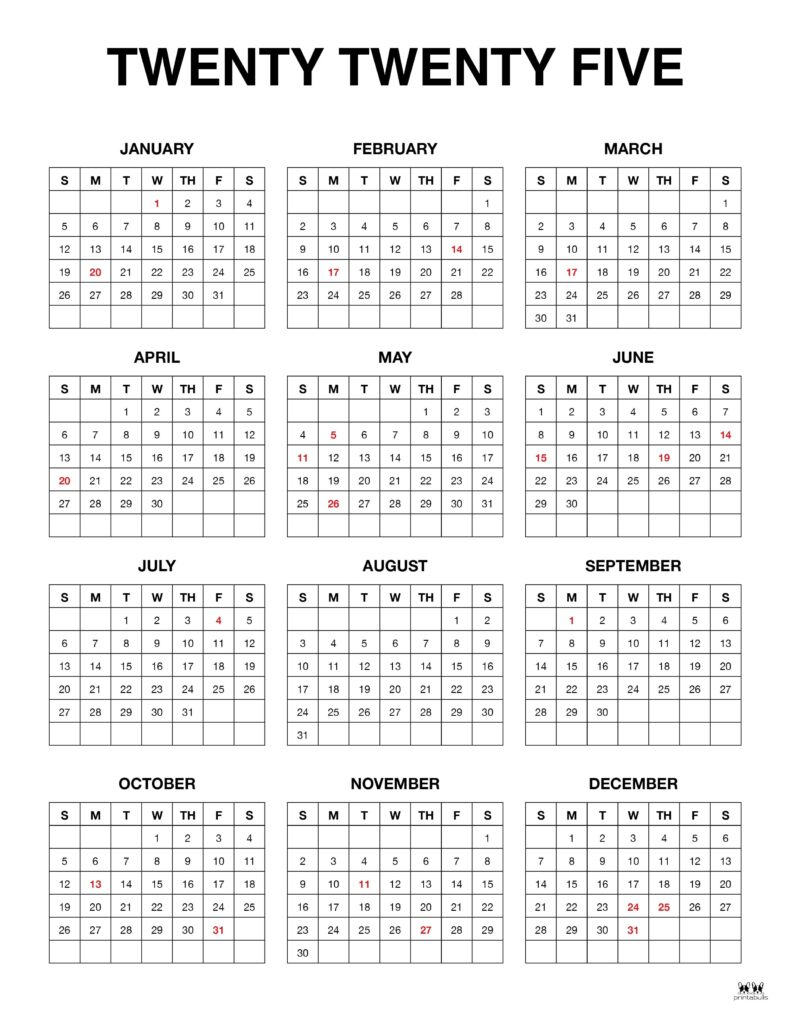 2025 Yearly Calendars - 29 Free Printables | Printabulls - Printable Calendar 2025 General Blue