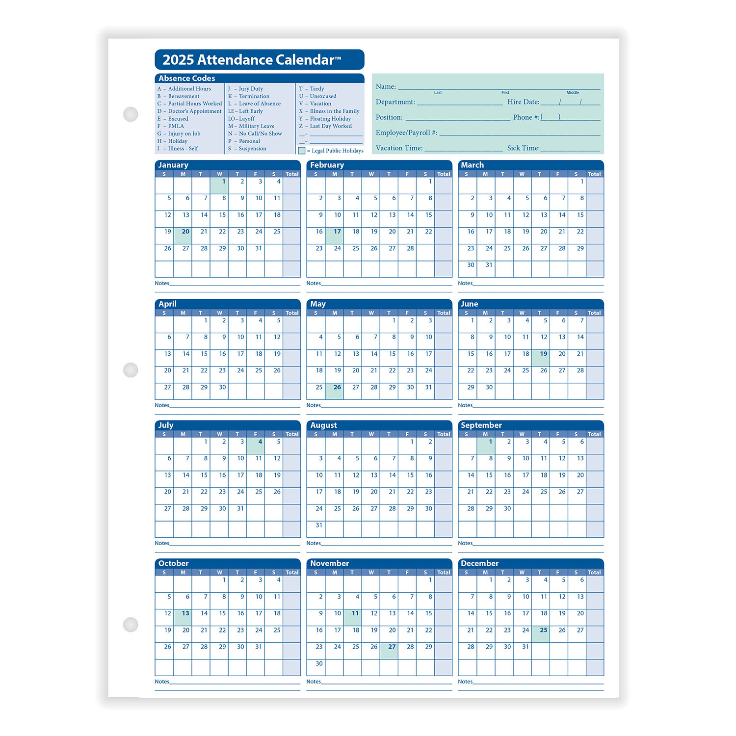 2025 Yearly Employee Attendance Calendar | Yearly Calendar | Hrdirect - Printable Attendance Calendar 2025