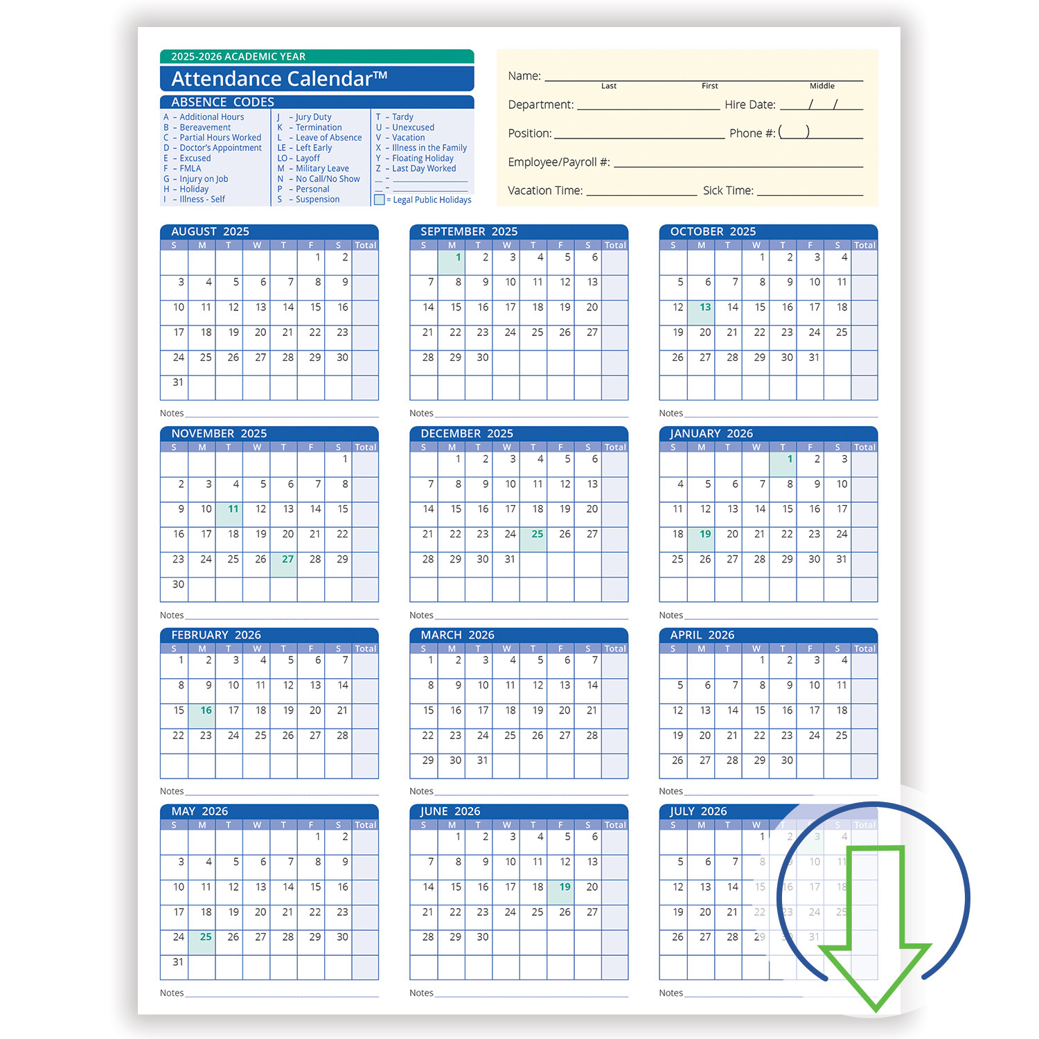 2026 Downloadable Academic Year Employee Attendance Calendar - Free Printable Attendance Calendar 2025