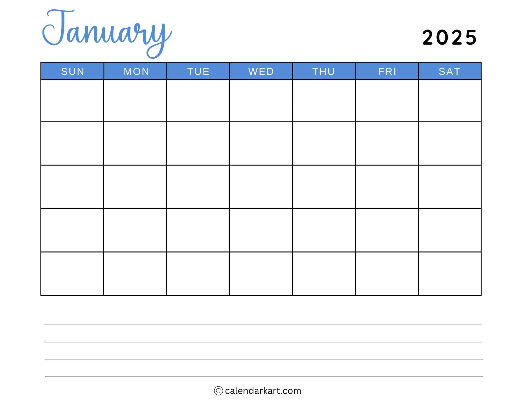 40+ Printable January 2025 Calendars | Free Pdf | Calendarkart - 2025 Monthly Calendar Printable With Lines