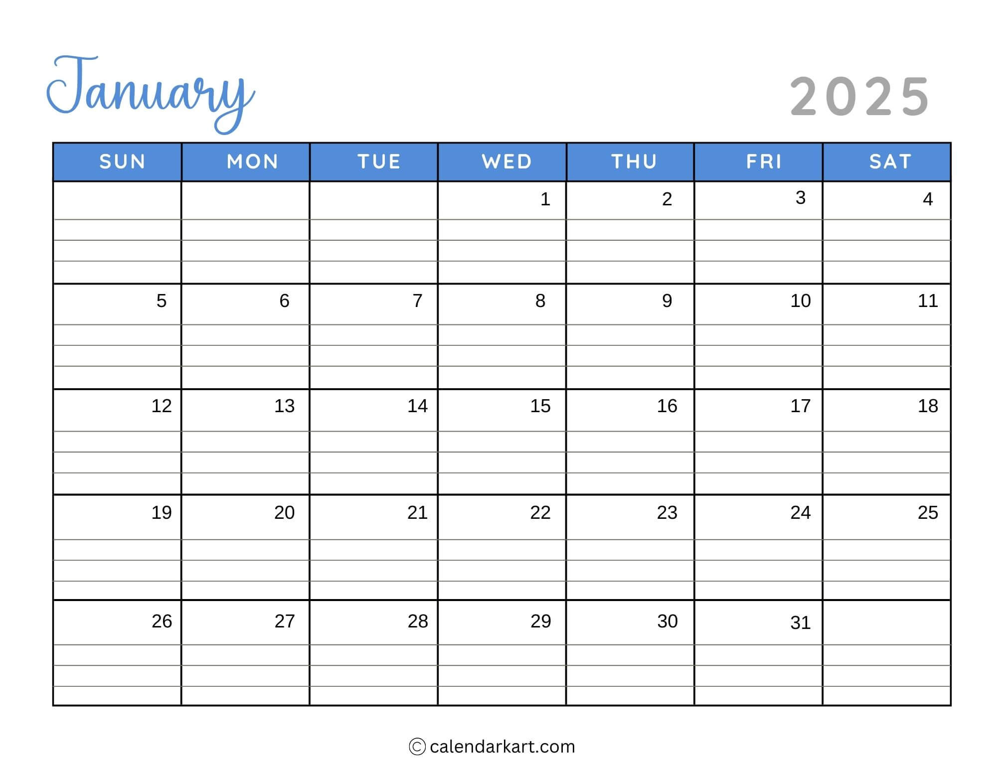 40+ Printable January 2025 Calendars | Free Pdf | Calendarkart - Printable Calendar 2025 Lined