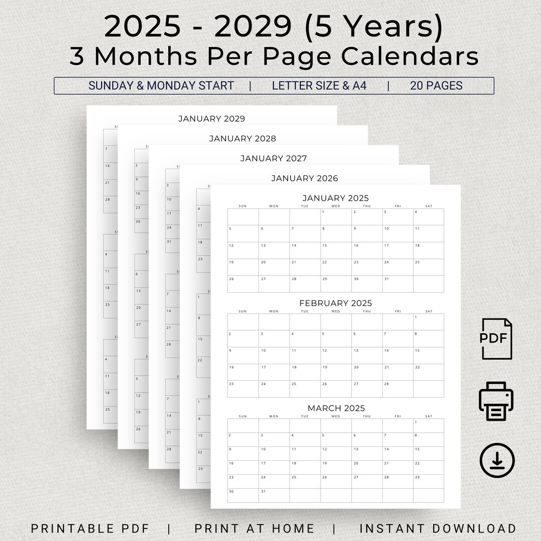 5 Jahre Kalender 2025 Bis 2029 Druckbarer 3 Monate Pro Seite Kalender Vierteljahreskalender 2025 2026 2027 2028 2029 Minimalplaner Monatsplaner Pdf - - 5 Year Calendar 2025 To 2029 Printable