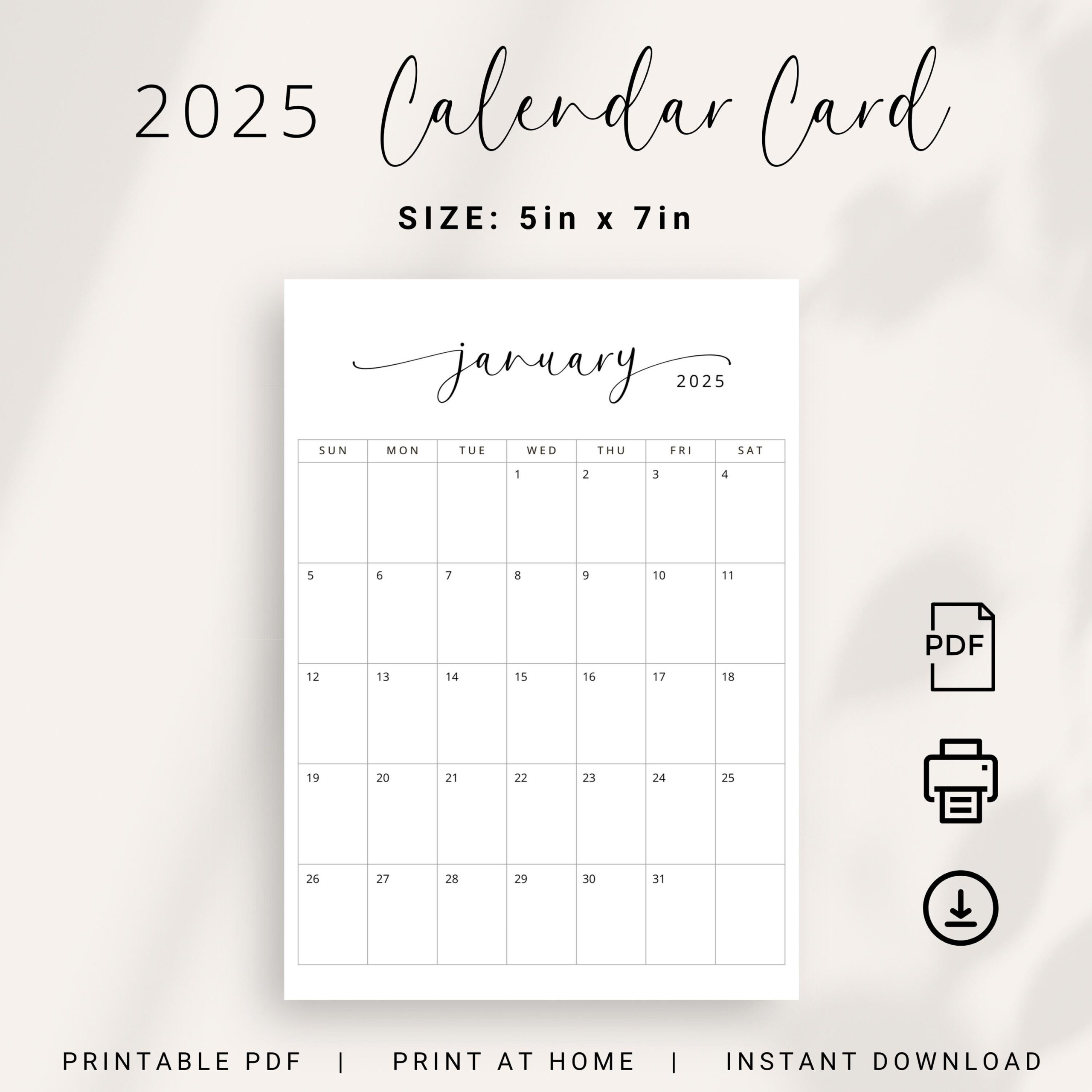 5X7 Inch 2025 Calendar Small Planner 2025 Printable Desk Calendar - 5X7 2025 Printable Calendar