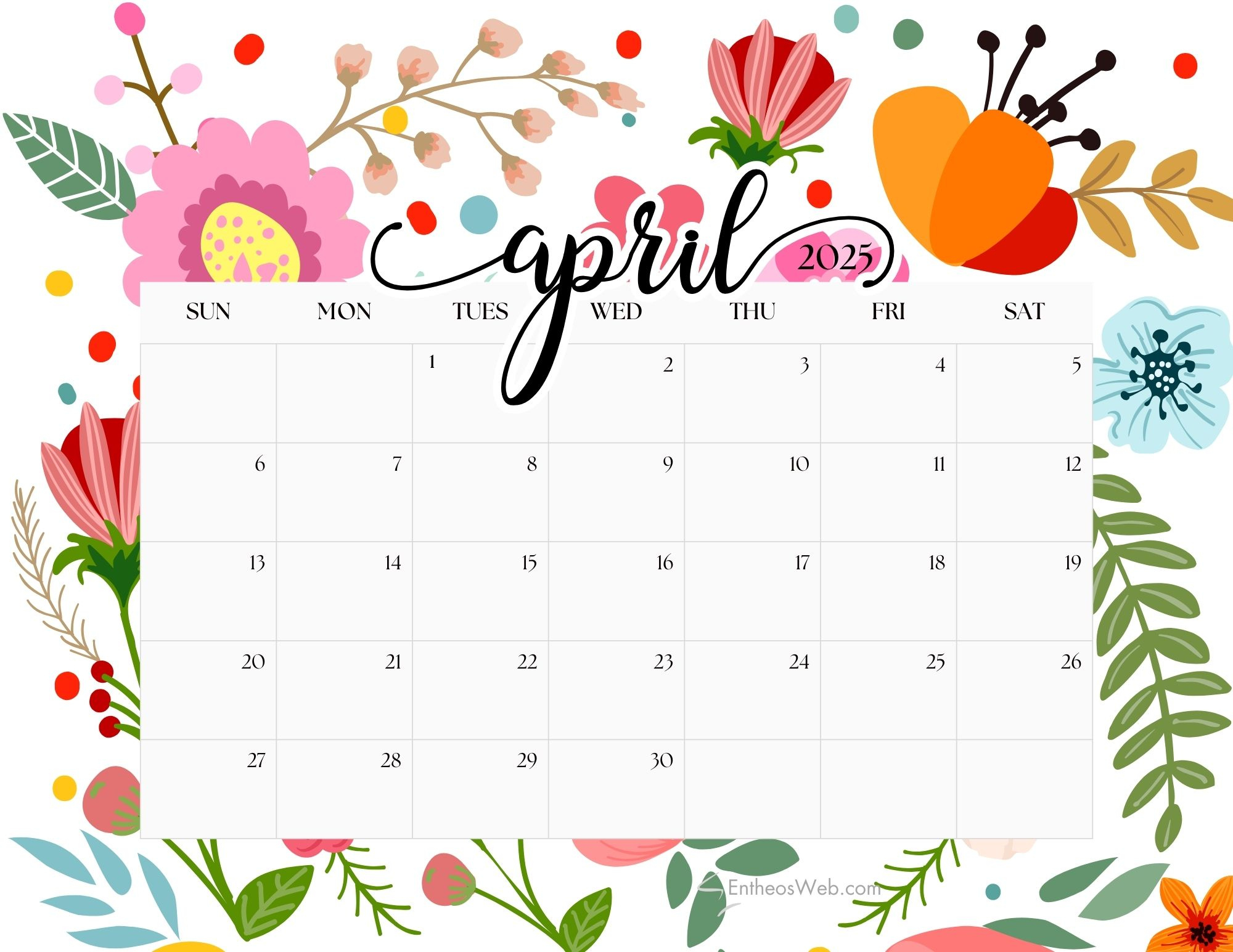 April 2025 Calendar Printables | Entheosweb - April Printable Calendar 2025 Free