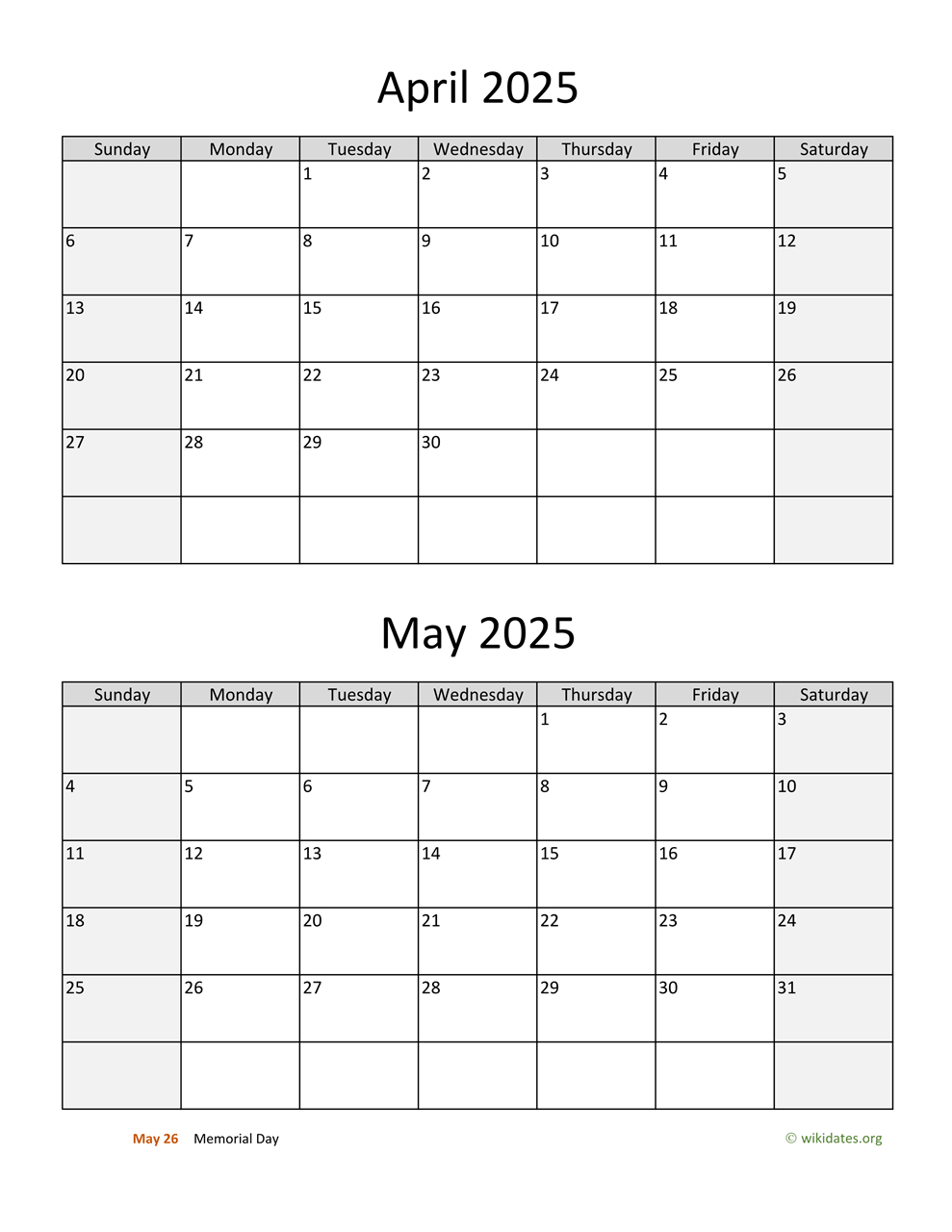 April And May 2025 Calendar | Wikidates - May Printable Calendar 2025 April