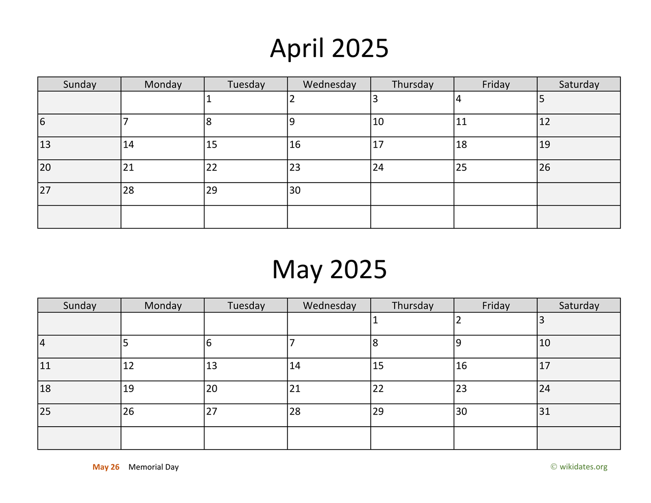 April And May 2025 Calendar | Wikidates - May Printable Calendar 2025 Wiki