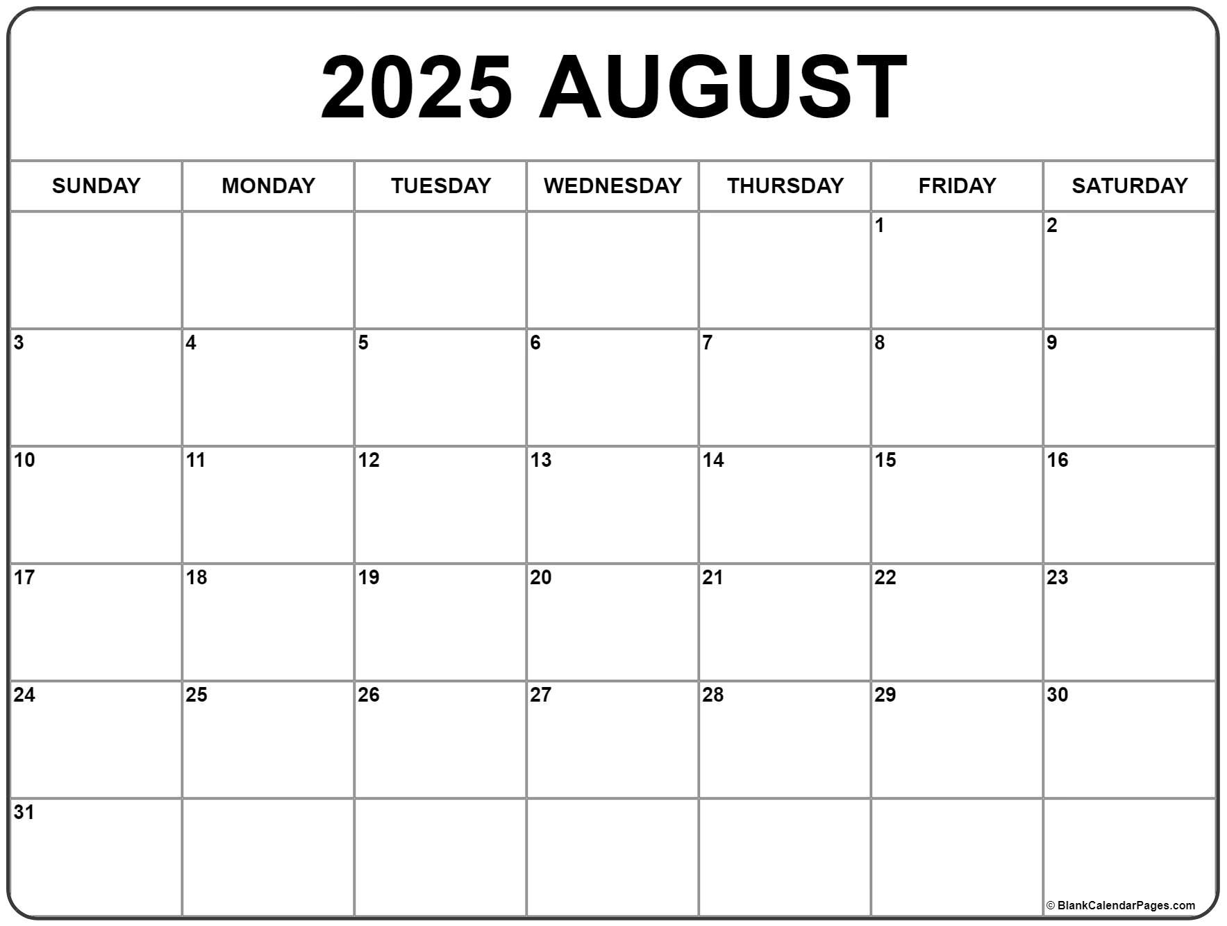 August 2025 Calendar | Free Printable Calendars - Blank August Calendar 2025 Printable