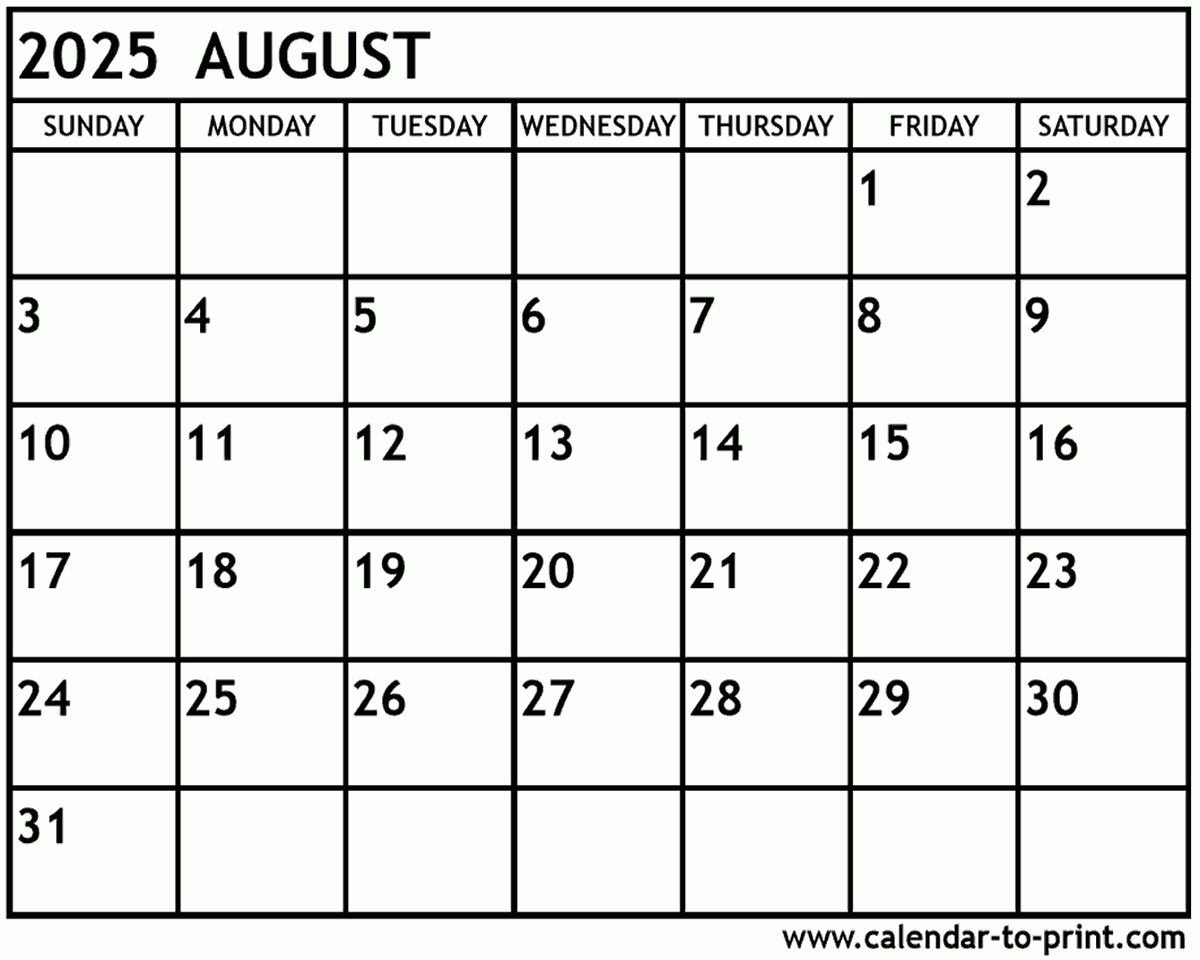 August 2025 Calendar Printable - August 2025 Calendar Printable Free Download