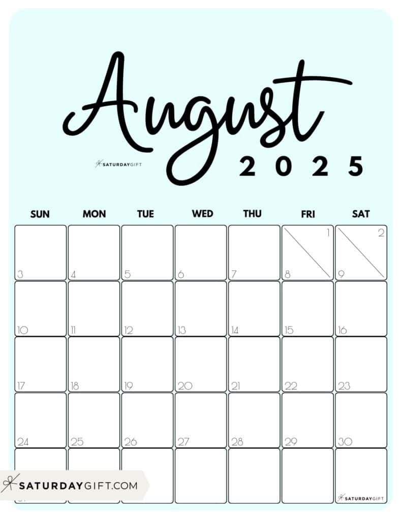 August 2025 Calendars - 23 Cute Free Printable Pdfs | Saturdaygift - August 2025 Calendar Printable Vertical