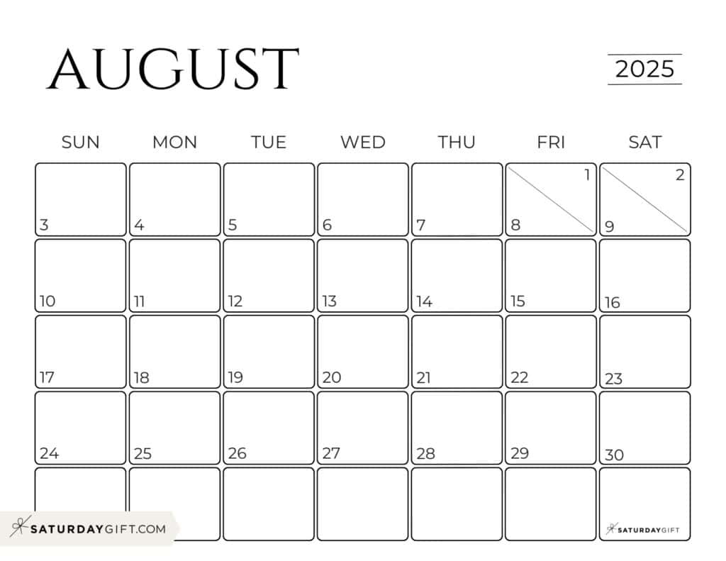 August 2025 Calendars - 23 Cute Free Printable Pdfs | Saturdaygift - Saturday Gift Printable Calendar 2025