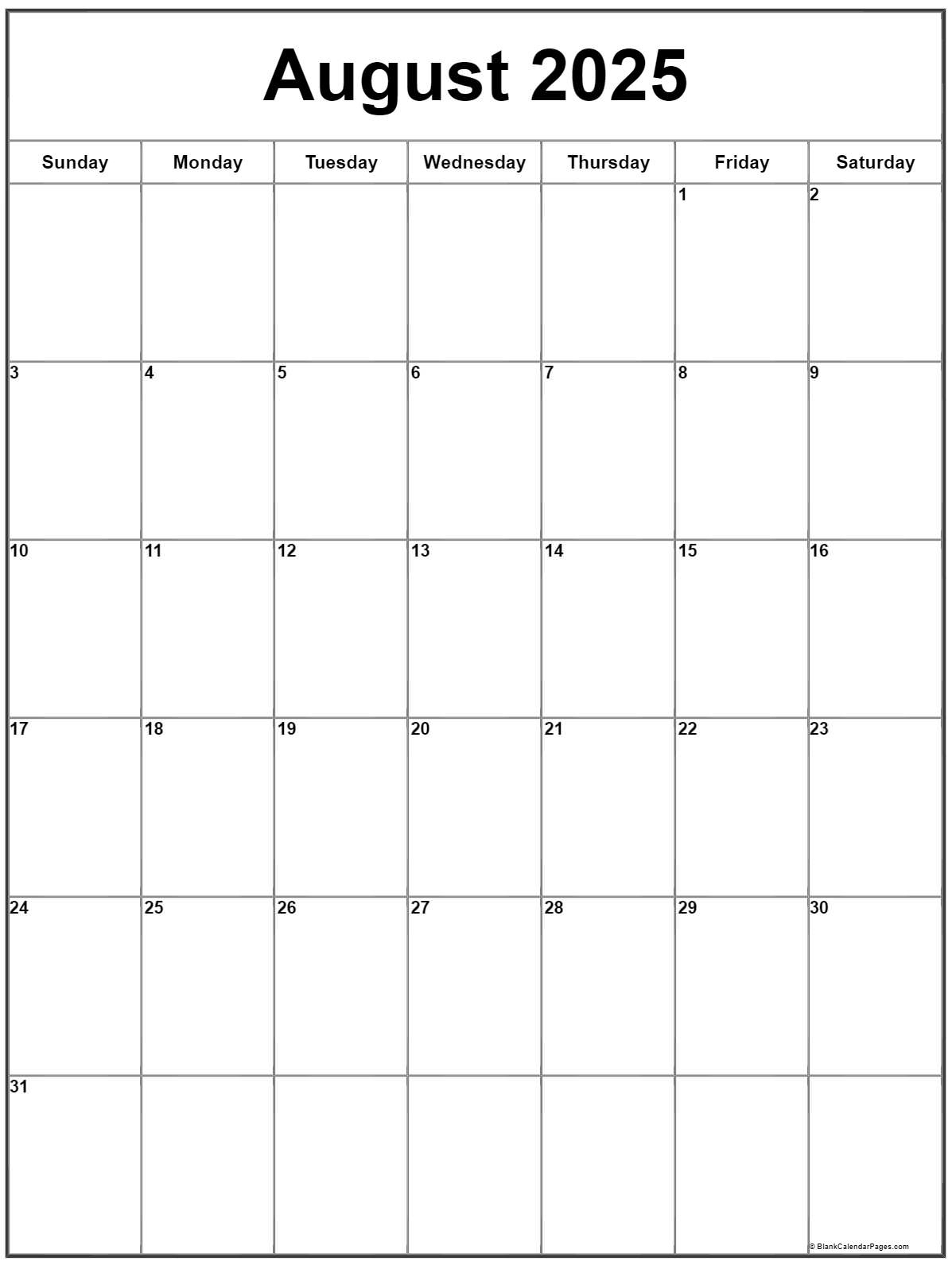 August 2025 Vertical Calendar | Portrait - August 2025 Calendar Printable Vertical
