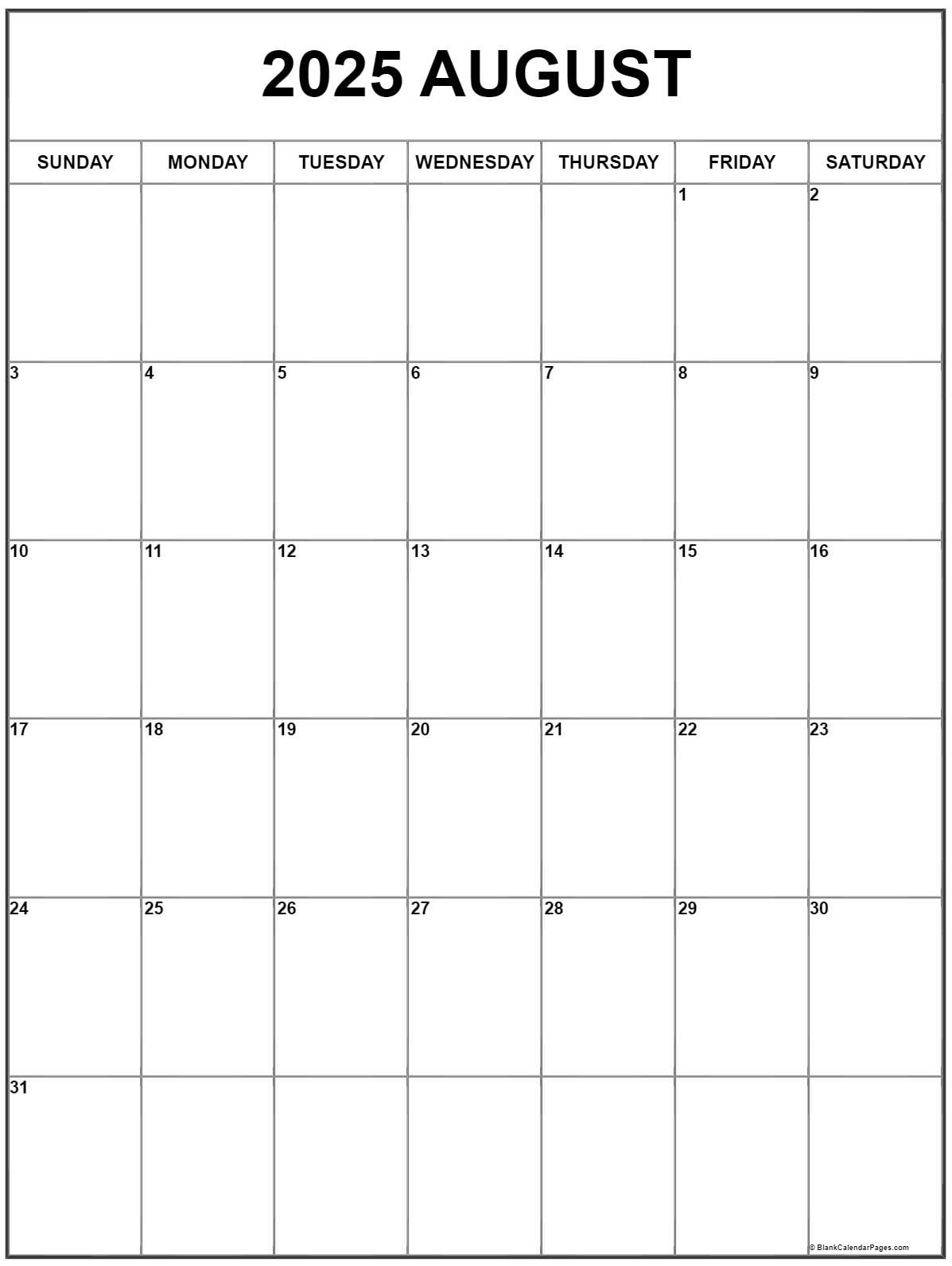 August 2025 Vertical Calendar | Portrait - August Printable Calendar 2025
